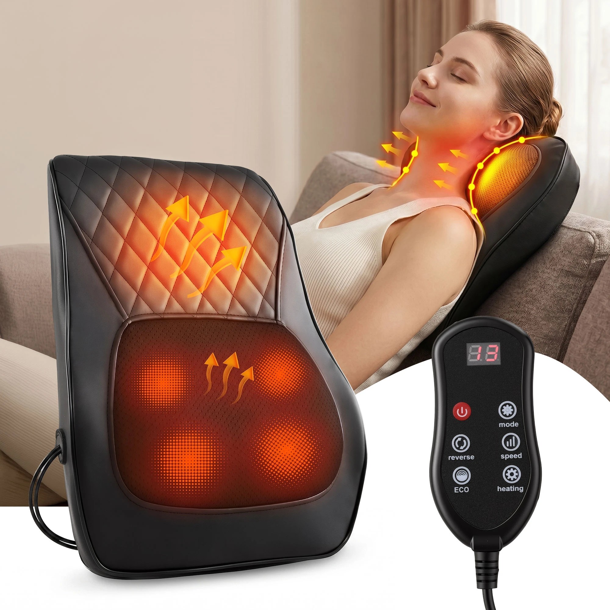 9 Livemor Neck & Back Massager Pillow with Heat, Ergonomic Backrest & Traction for Pain Relief - Black, 9 of 9