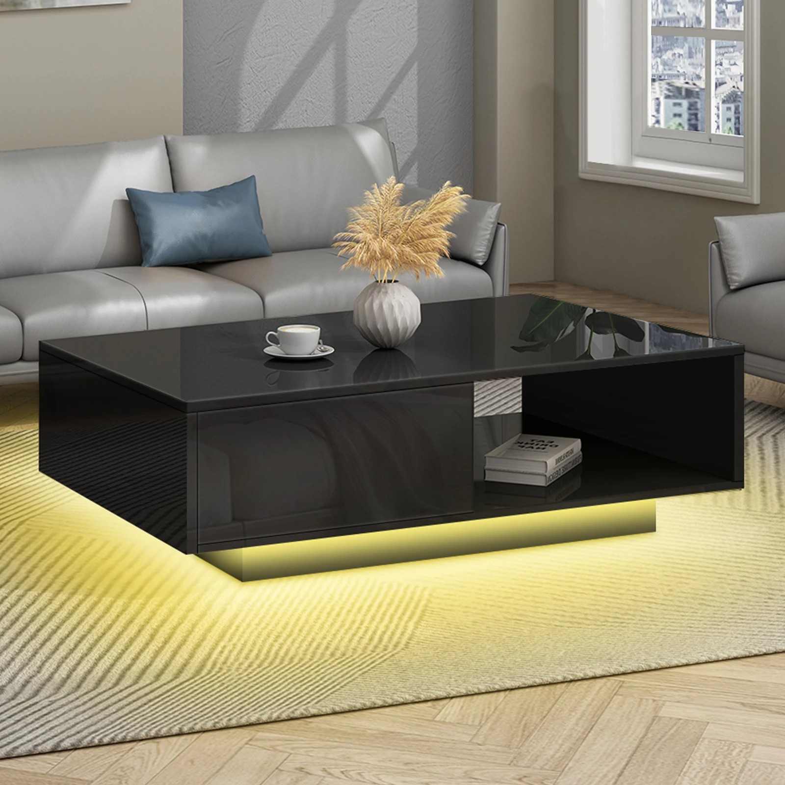 2 Alfordson Coffee Table 1 Drawer LED Gloss - Black, 2 of 10