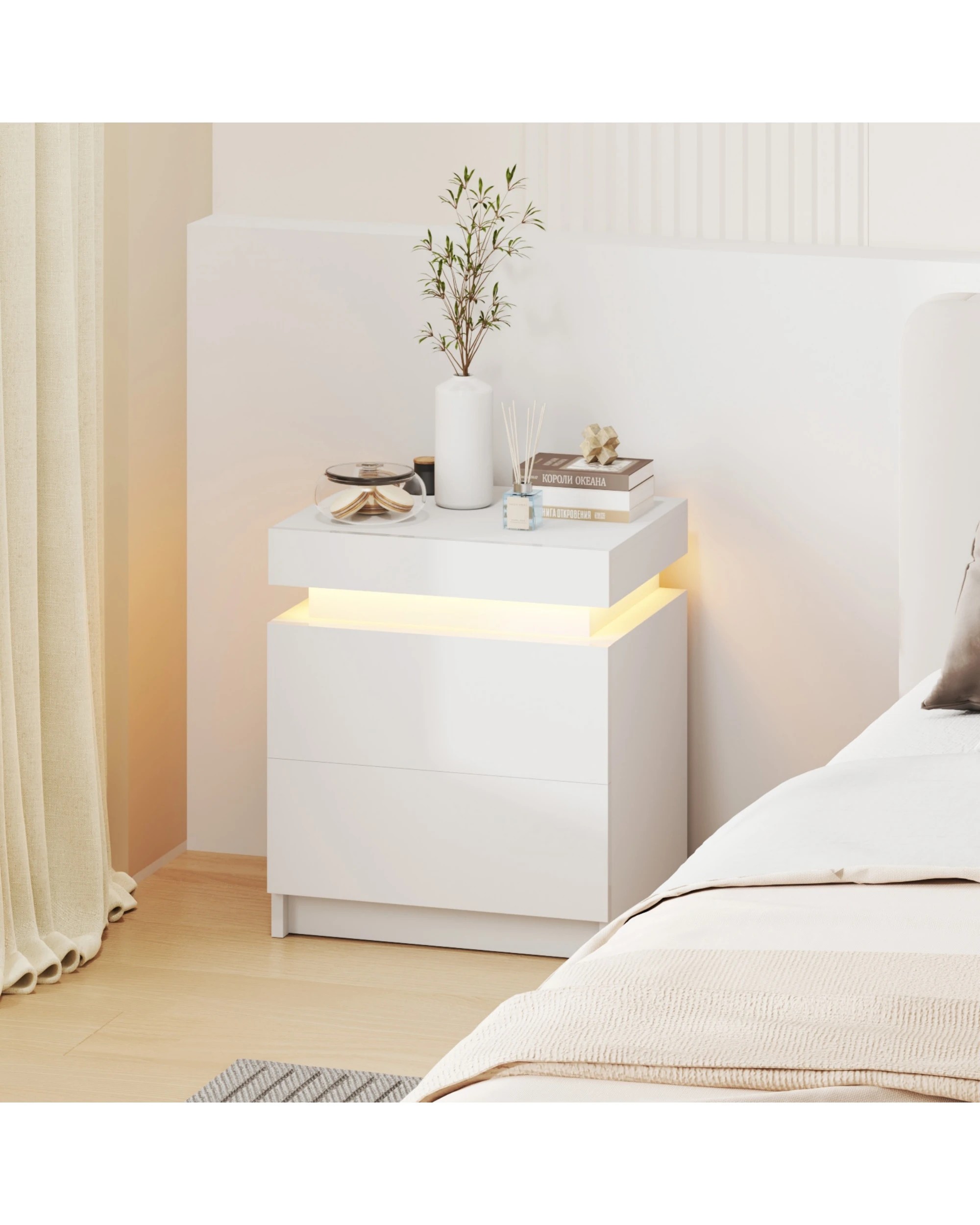 2 Advwin Bedside Table  Led Nightstand 2 Drawers Lift Up Side Table
 - White, 2 of 10