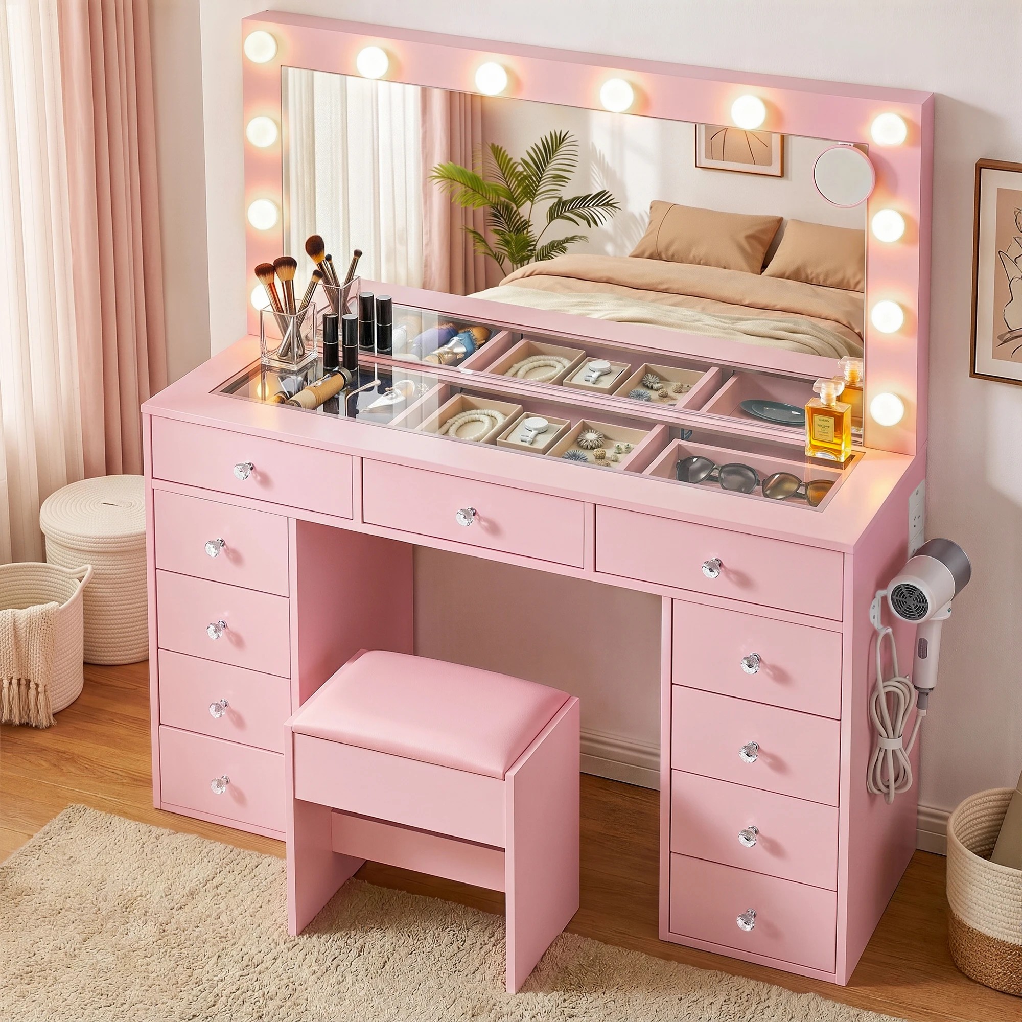 9 Artiss Dressing Table Charging Station LED Vanity Desk Set Stool Glass Top Make up Mirror Storage Drawer - Pink, 9 of 9