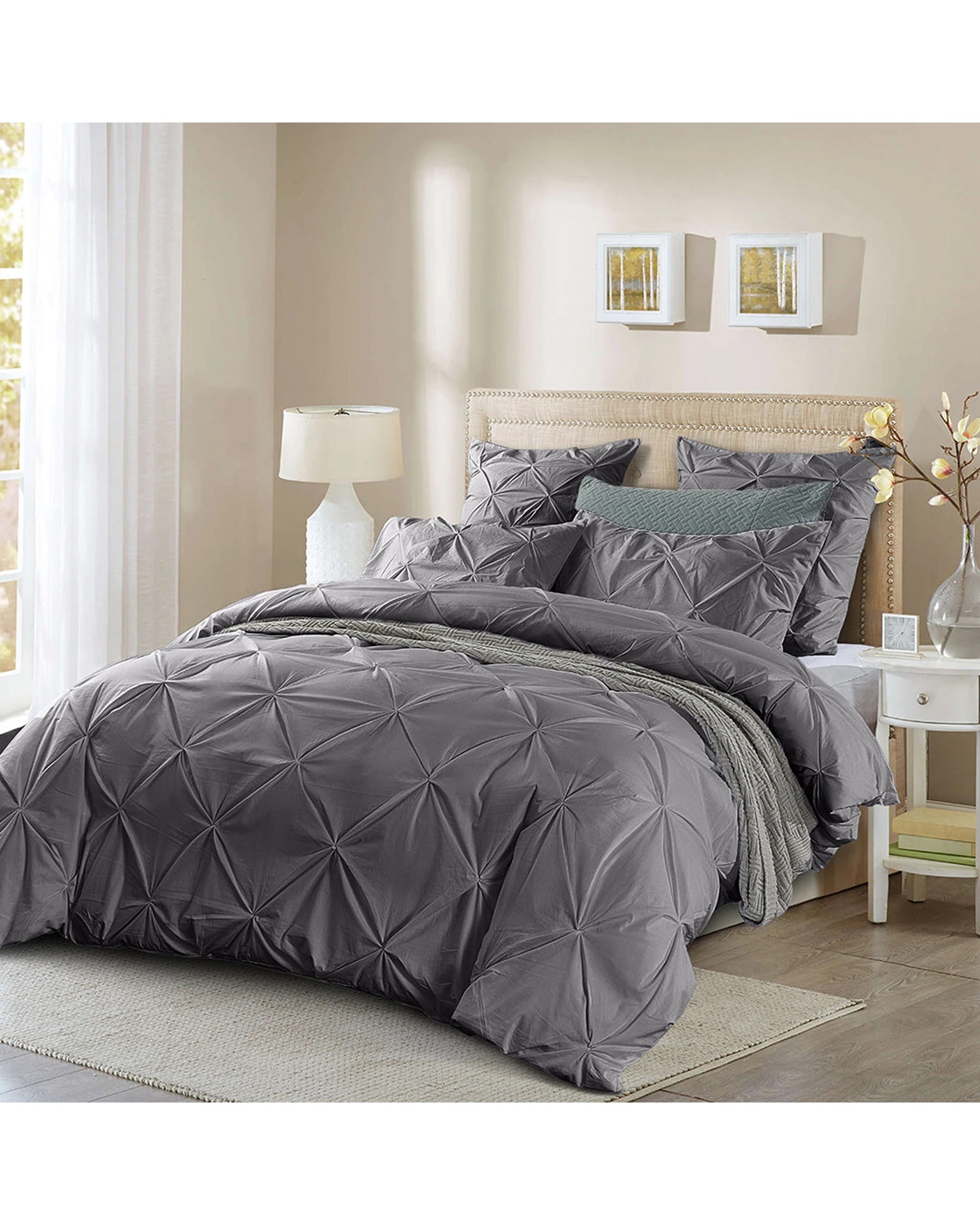 3 Cotton More 100% Cotton Diamond Pinch Pleated Pintuck Doona Quilt Cover Single Steel - Grey, 3 of 7