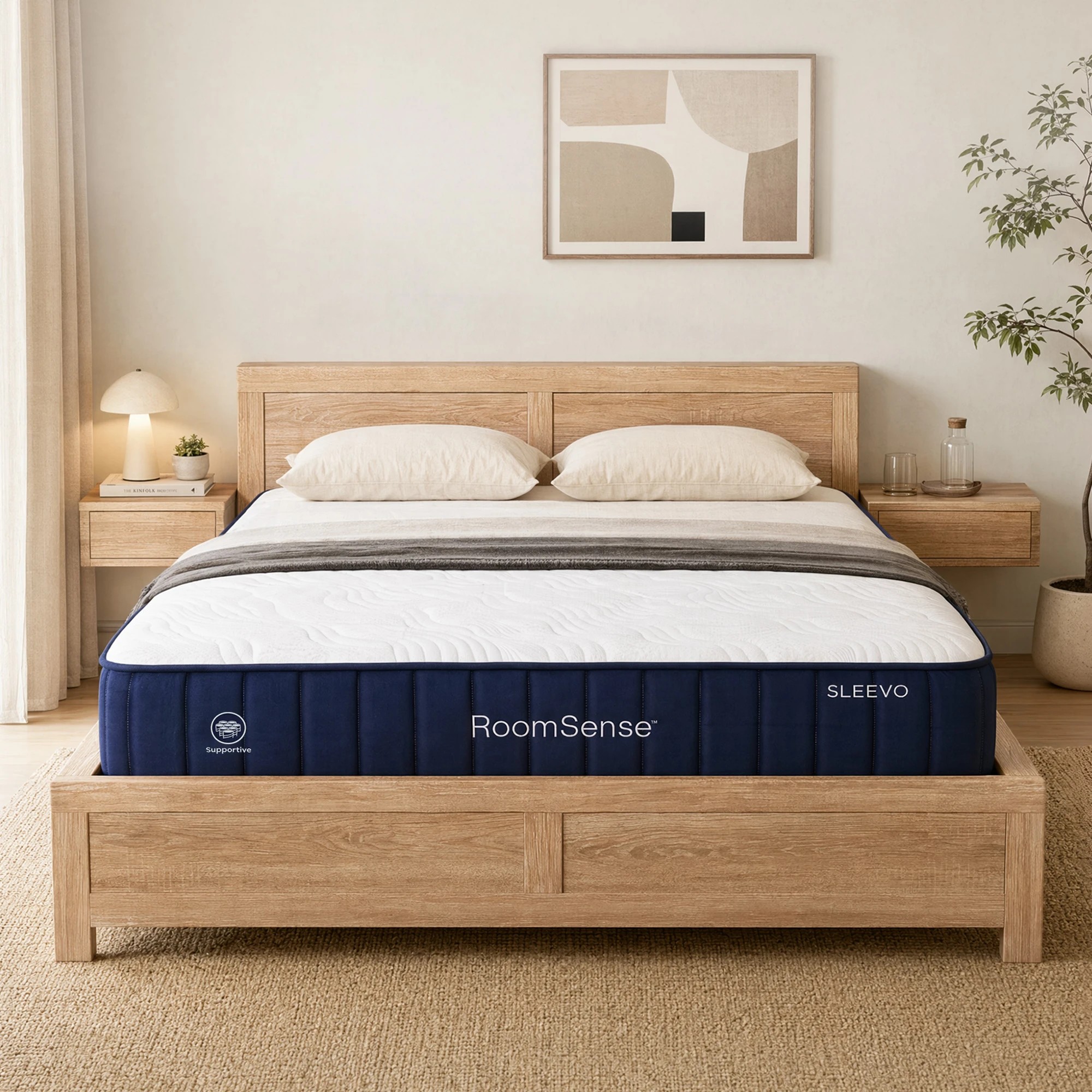 1 RoomSense 26cm Firm Mattress Bundle with Oatmeal Wooden Bed Frame - Queen Bed - Brown, 1 of 9
