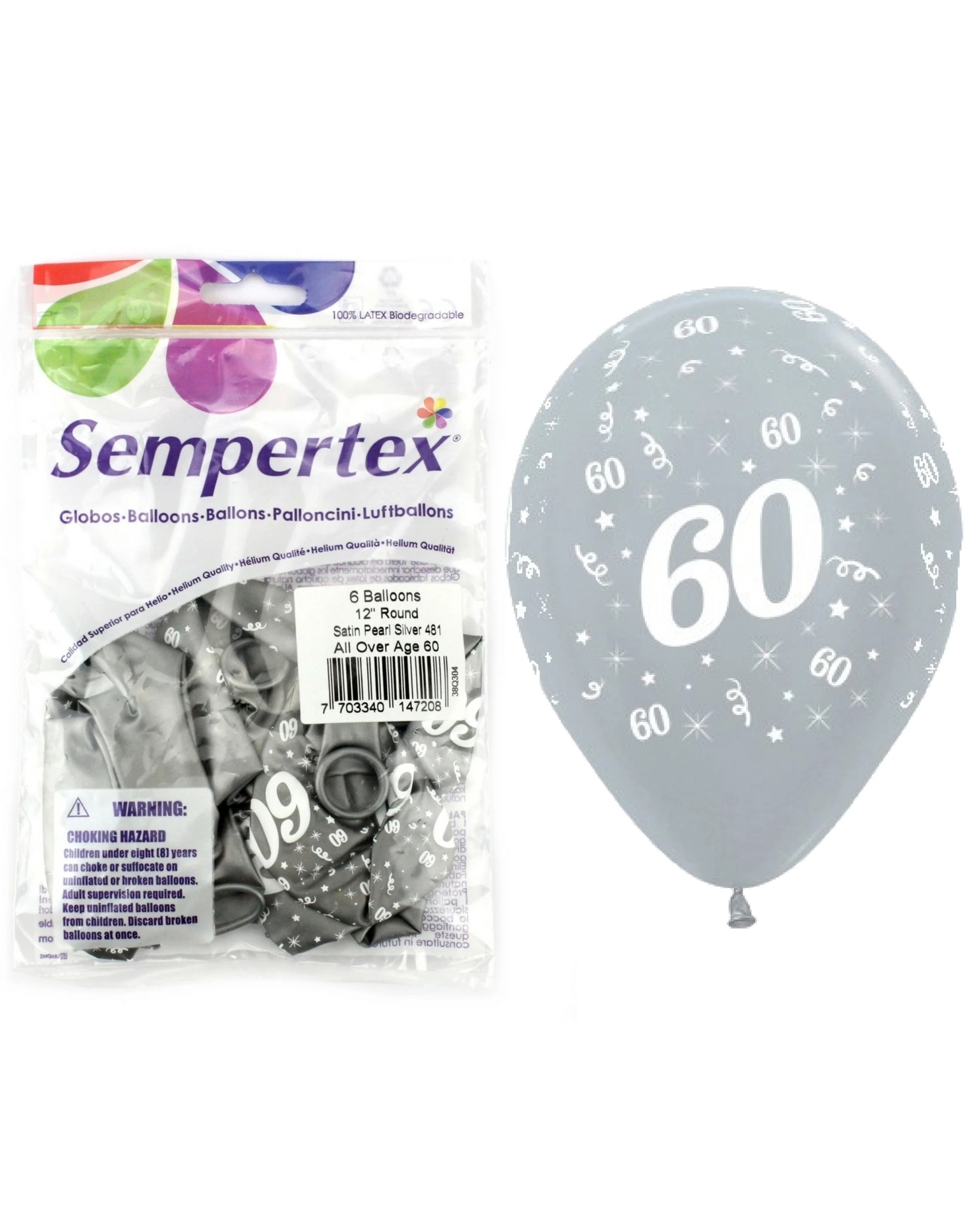 2 Sempertex All Over 60th Birthday Silver Balloons Pack of 6 - Silver, 2 of 2