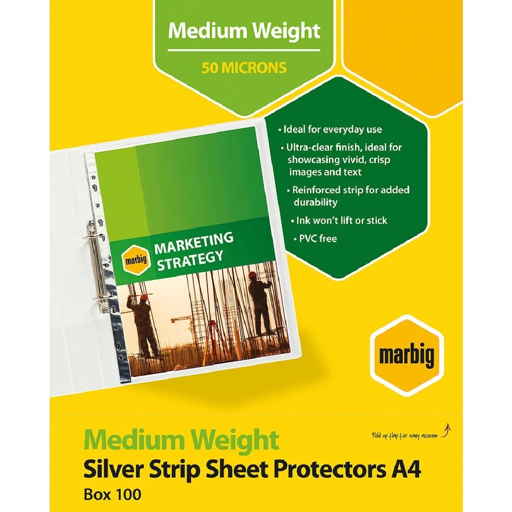 1 Marbig A4 Medium Weight Sheet Protectors Silver Edge 100 Pack, 1 of 1
