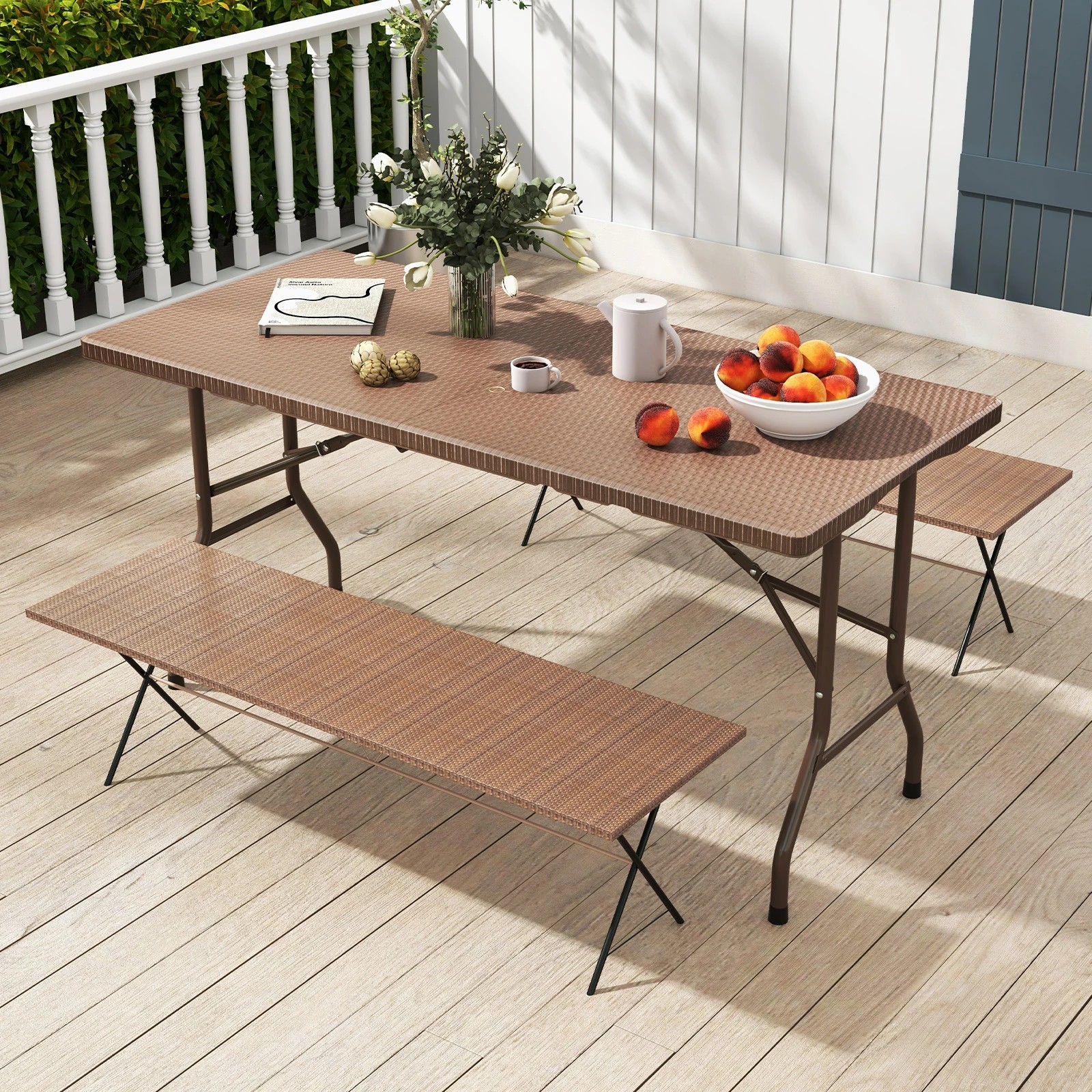 2 Costway Picnic Table Folding Table Light Weight Dining Set w/Waterproof Desktop - Brown, 2 of 4