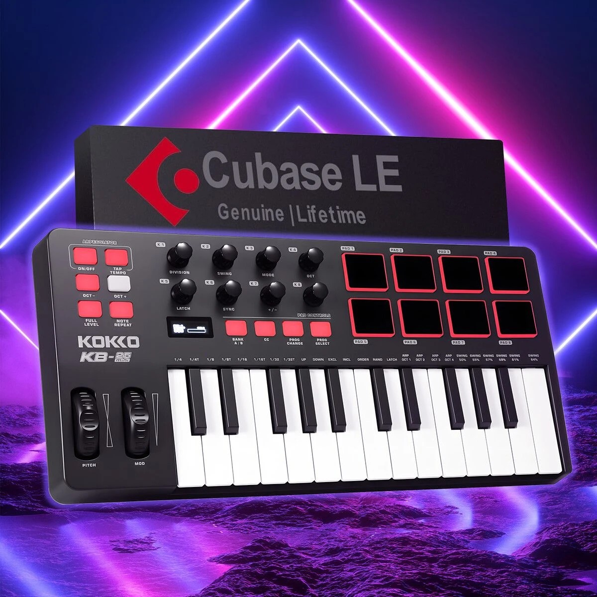 2 AUSWAY USB MIDI Keyboard Controller Portable OLED 25 Semi Weighted Keys 8 Drum Pads, 2 of 3