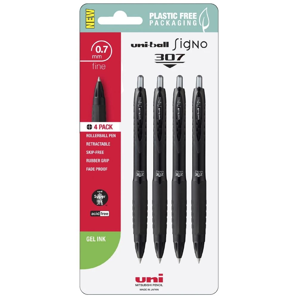 3 Uni-Ball Signo 307 Fine Retractable Gel Pens Black 4 Pack, 3 of 5