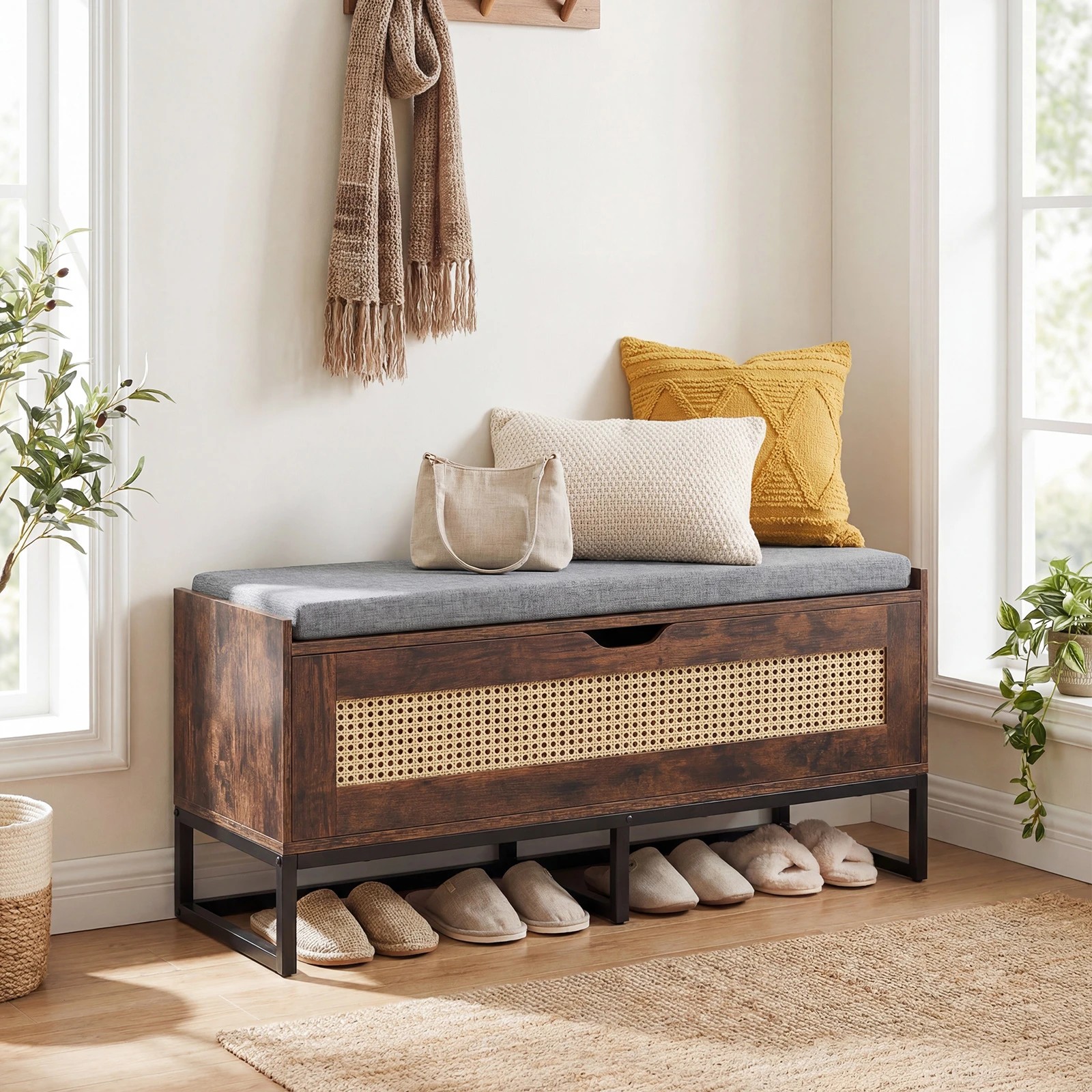 4 Costway 100cm Shoe Bench Cabinet Rattan Storage Chest Hallway Flip Top Box Padded Seat - Brown, 4 of 5