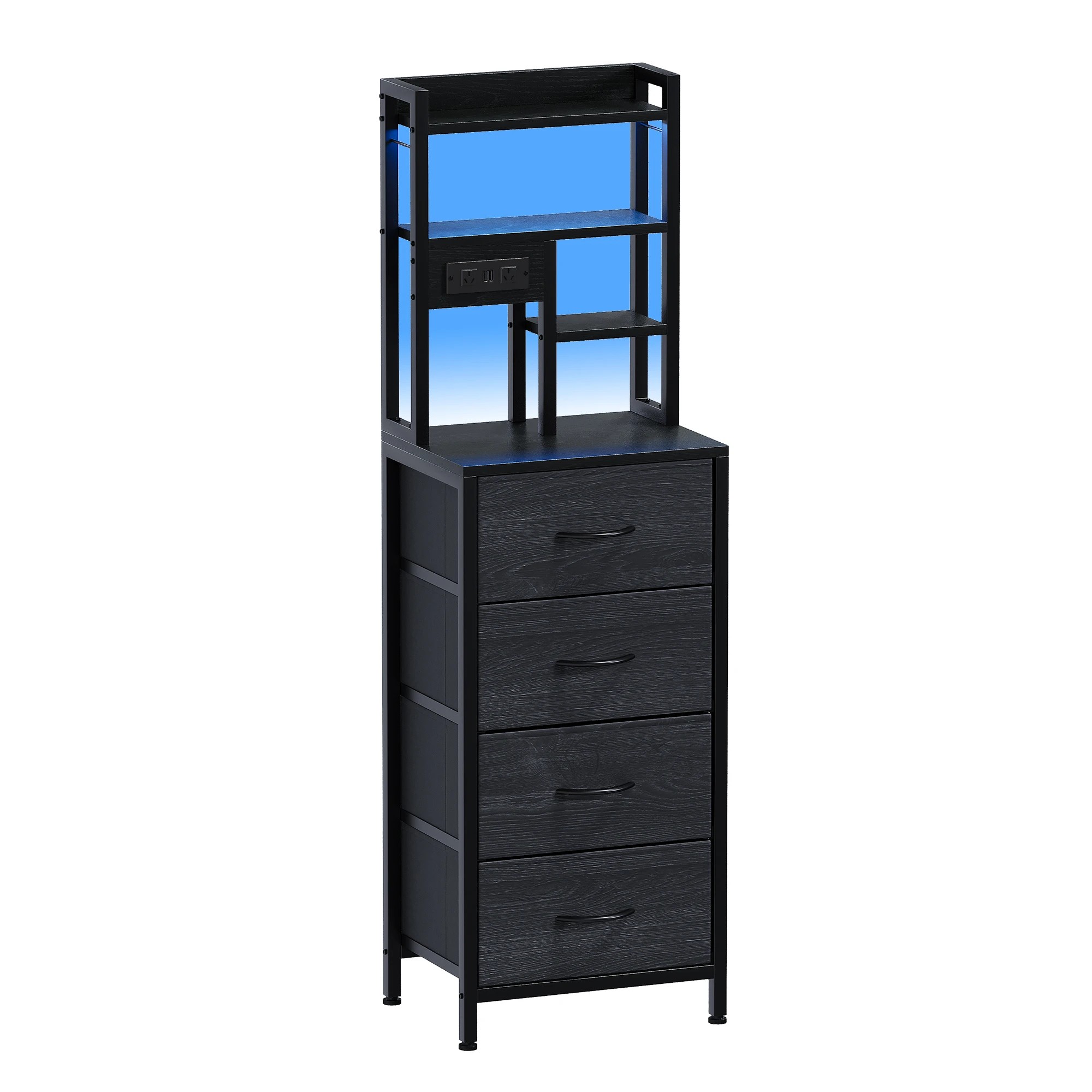 1 Advwin LED Tall Bedside Table with Charging Station 4 Drawers Open Shelves - Black, 1 of 9
