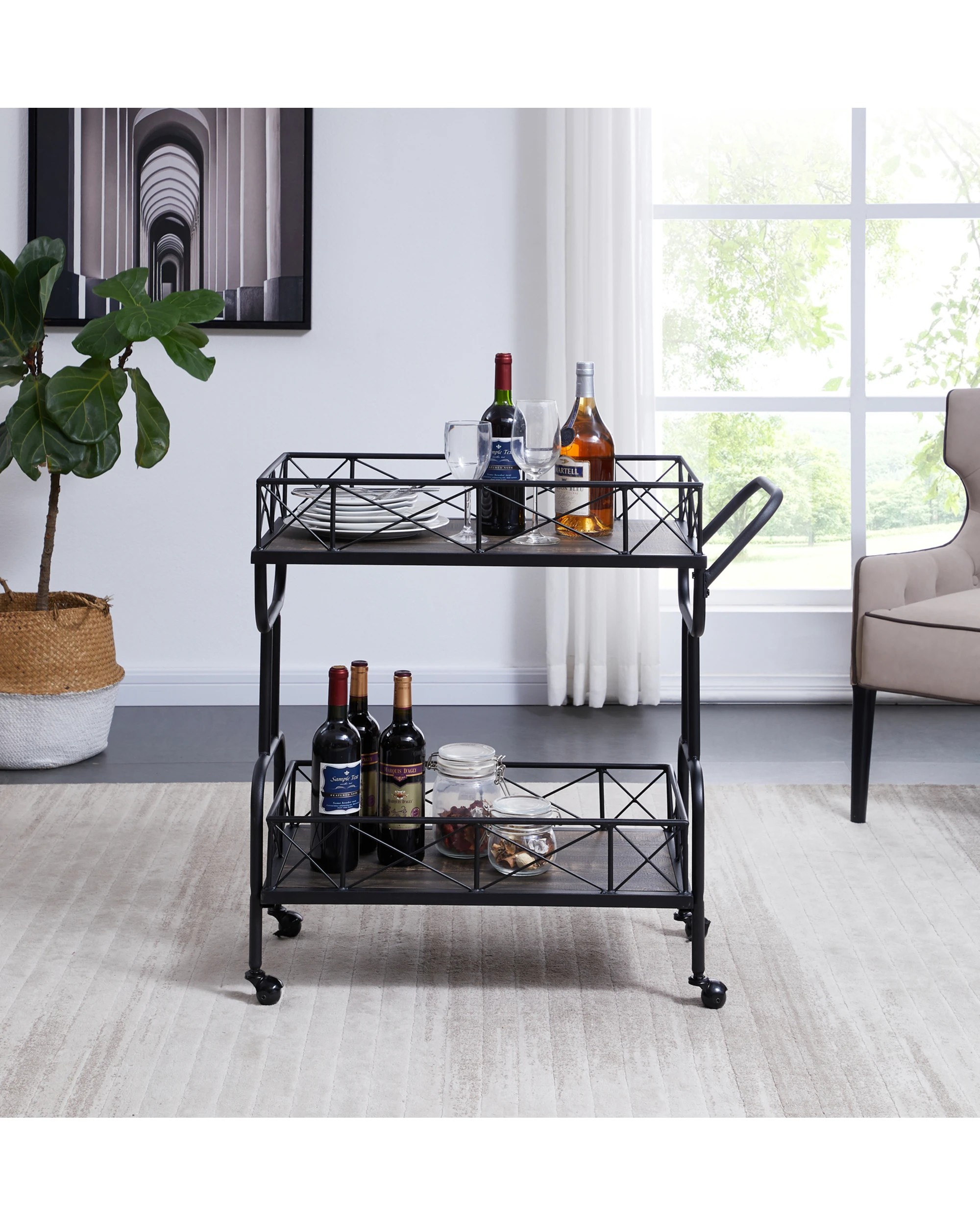 2 IHOMDEC Drink Trolley Wood and Metal Bar Carts - Black, 2 of 10