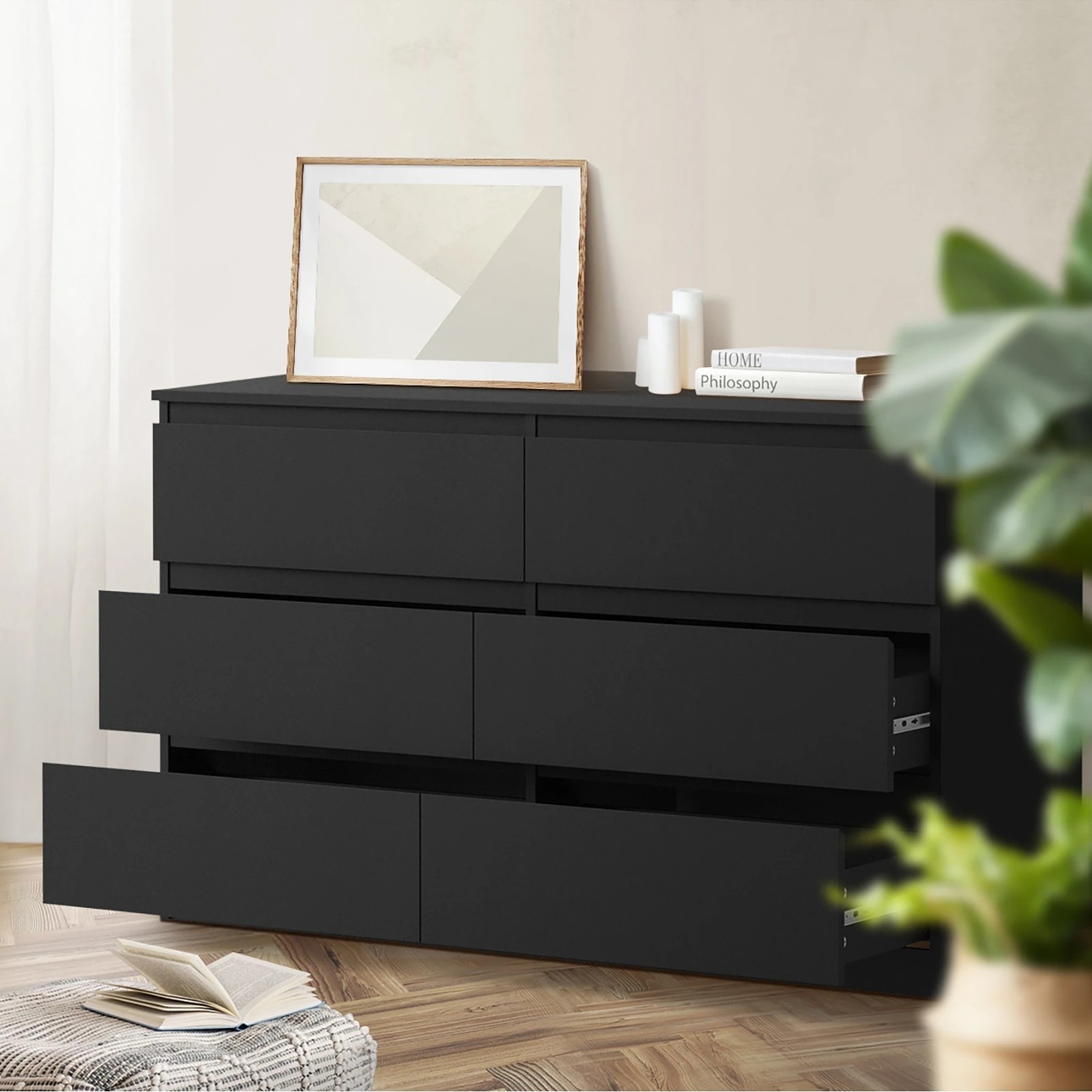 3 Oikiture 6 Chest of Drawers Lowboy Storage Cabinet Dresser Table - Black, 3 of 9