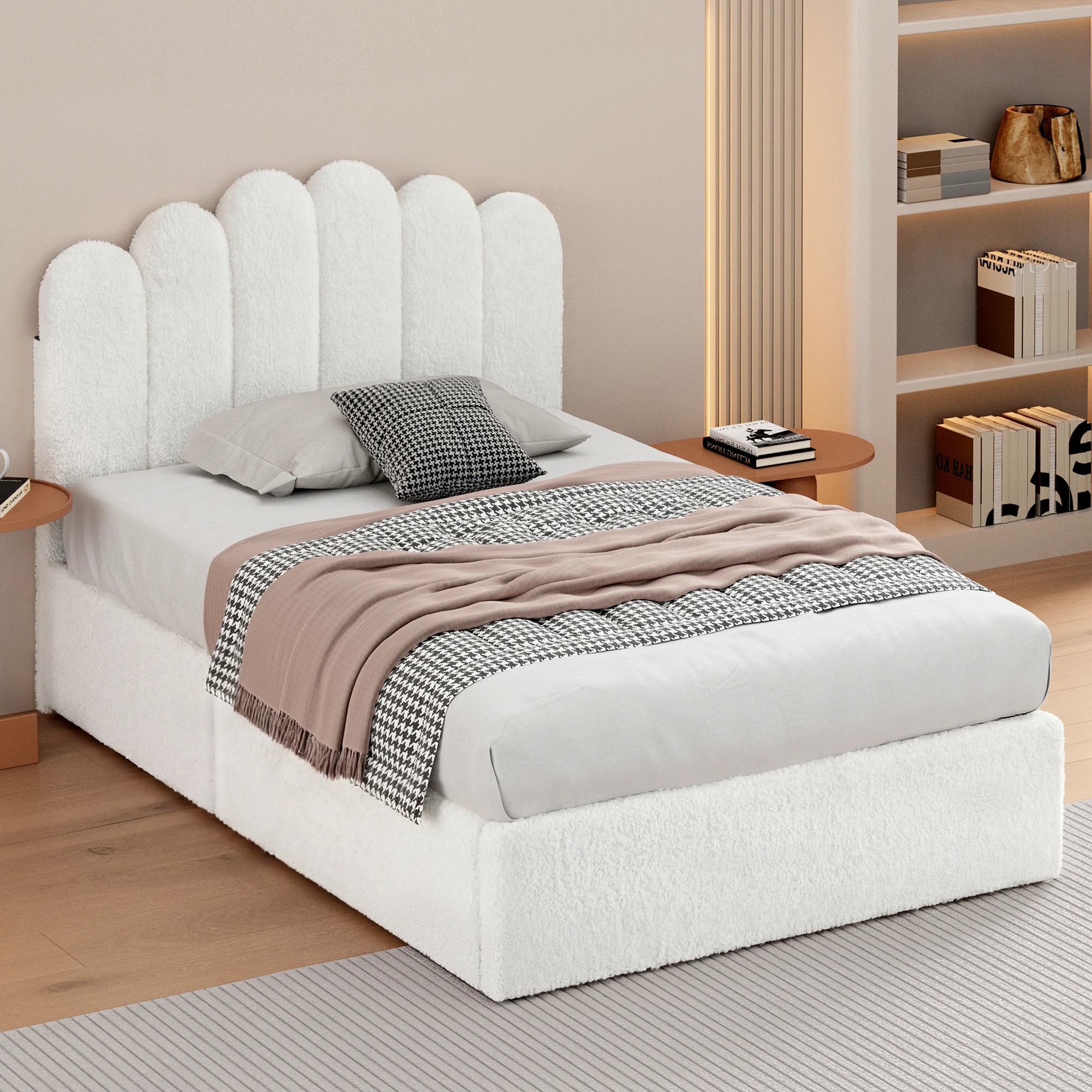 7 Alfordson Bed Frame Single Size Gas Lift Storage Base Wooden Boucle Mutis - White, 7 of 9