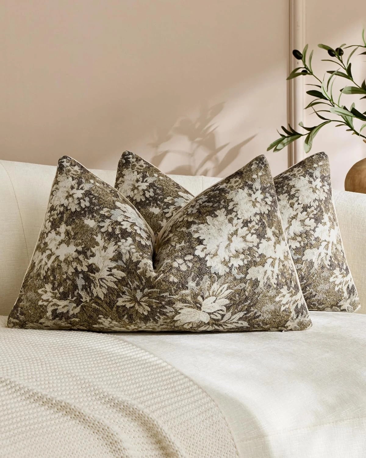 1 Gioia Casa 2-Pack Vintage Botanical Chenille Cushion Covers 30cm x 50cm - Beige, 1 of 3