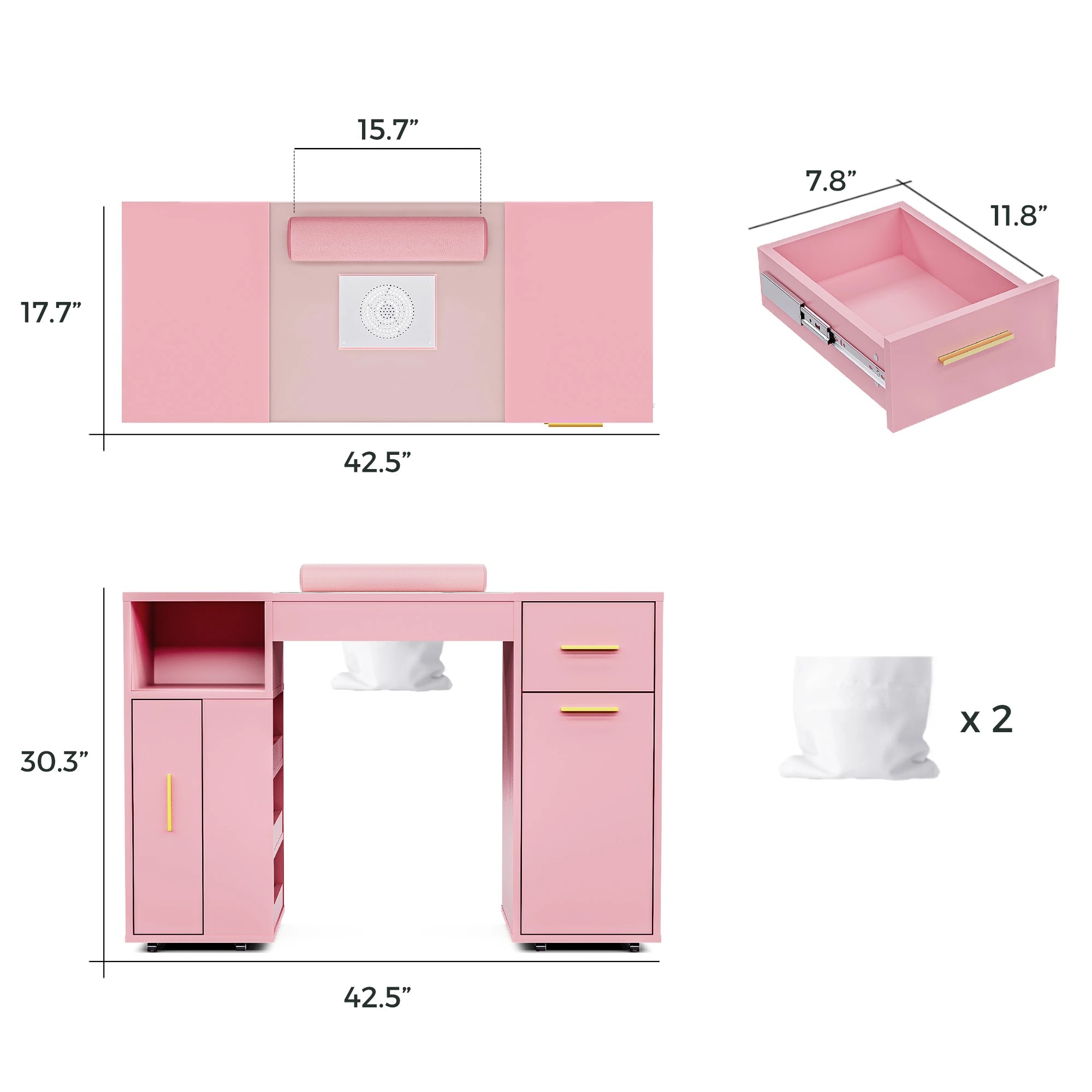 8 Advwin Manicure Table Vanity Desk With Dust Collector Glass Top Storage Cabinet
 - Pink, 8 of 9