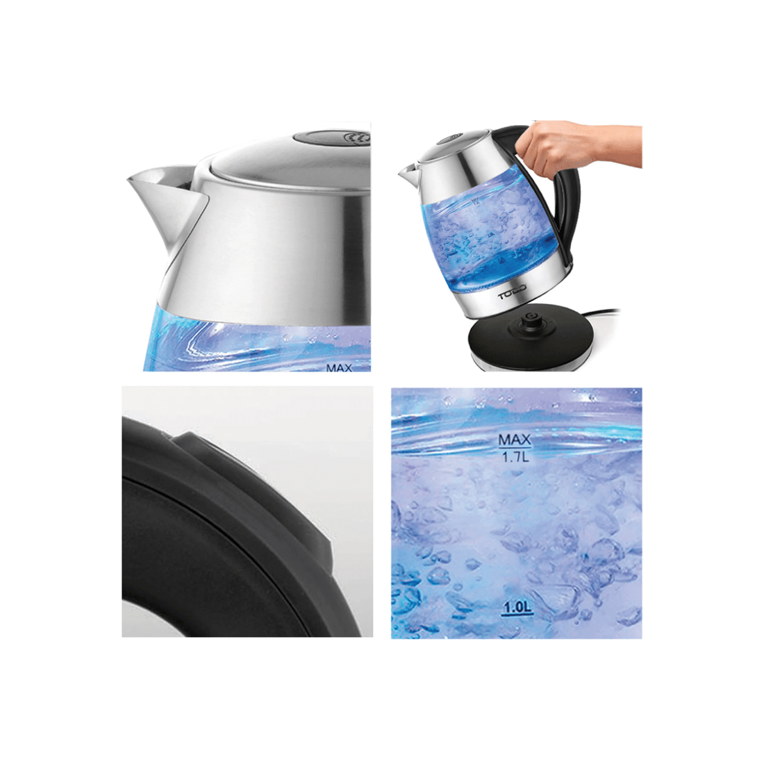 3 TODO 1.7L Glass Cordless Kettle Electric Dual Wall LED Water Jug - Stainless Steel, 3 of 3