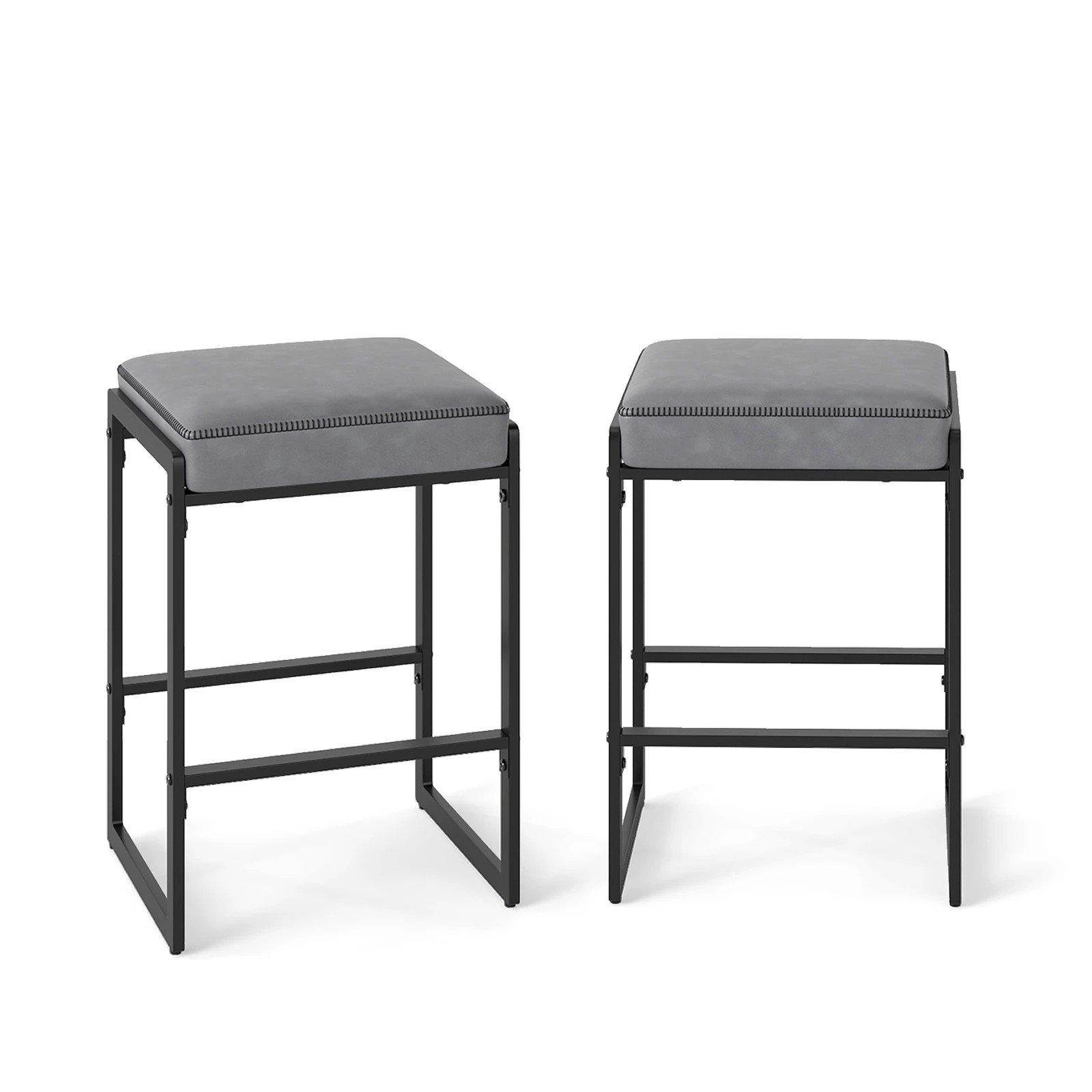 1 Costway 2x Bar Stool Counter Height Barstool Footrest Leather Seat Metal Kitchen Dining Chair - Grey, 1 of 4