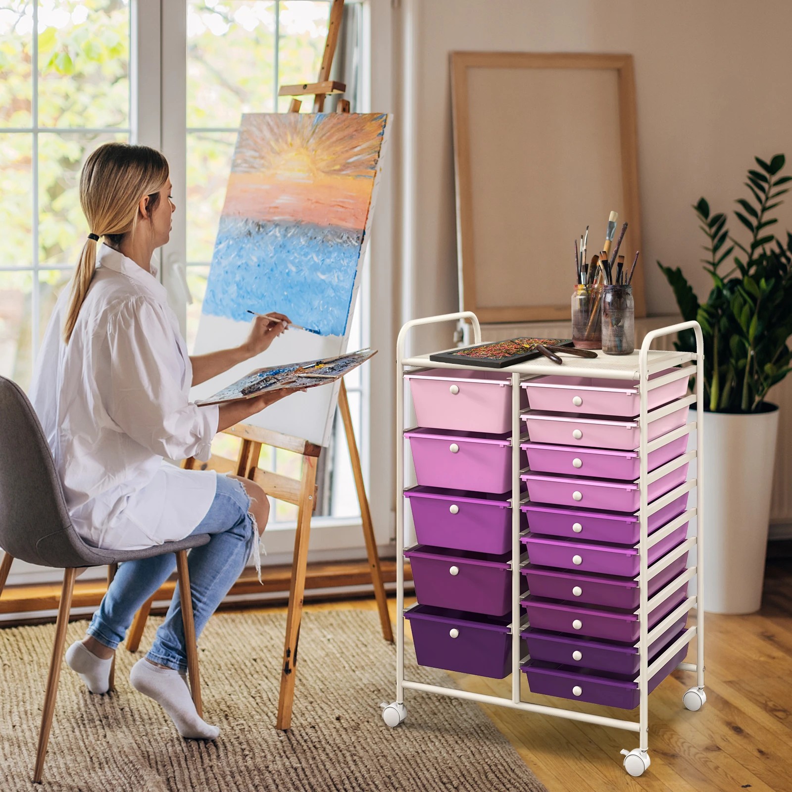 5 Costway 15 Drawers Rolling Storage Cart Mobile Utility Trolley - Purple, 5 of 6