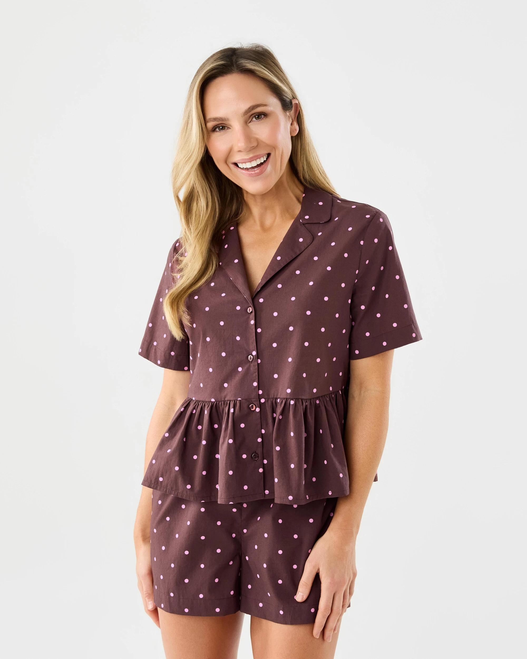 1 Short Sleeve Top and Shorts Cotton Peplum Pyjama Set Dots Choc, 1 of 8