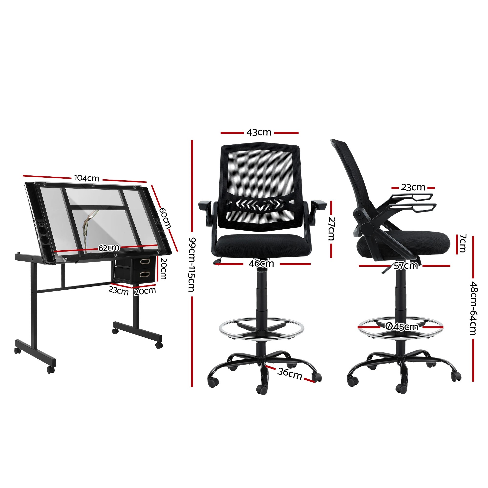8 Artiss Drawing Table w/ Glass Top & Ergonomic Chair – Drafting Desk w/ Drawers for Art Studi - Black, 8 of 9