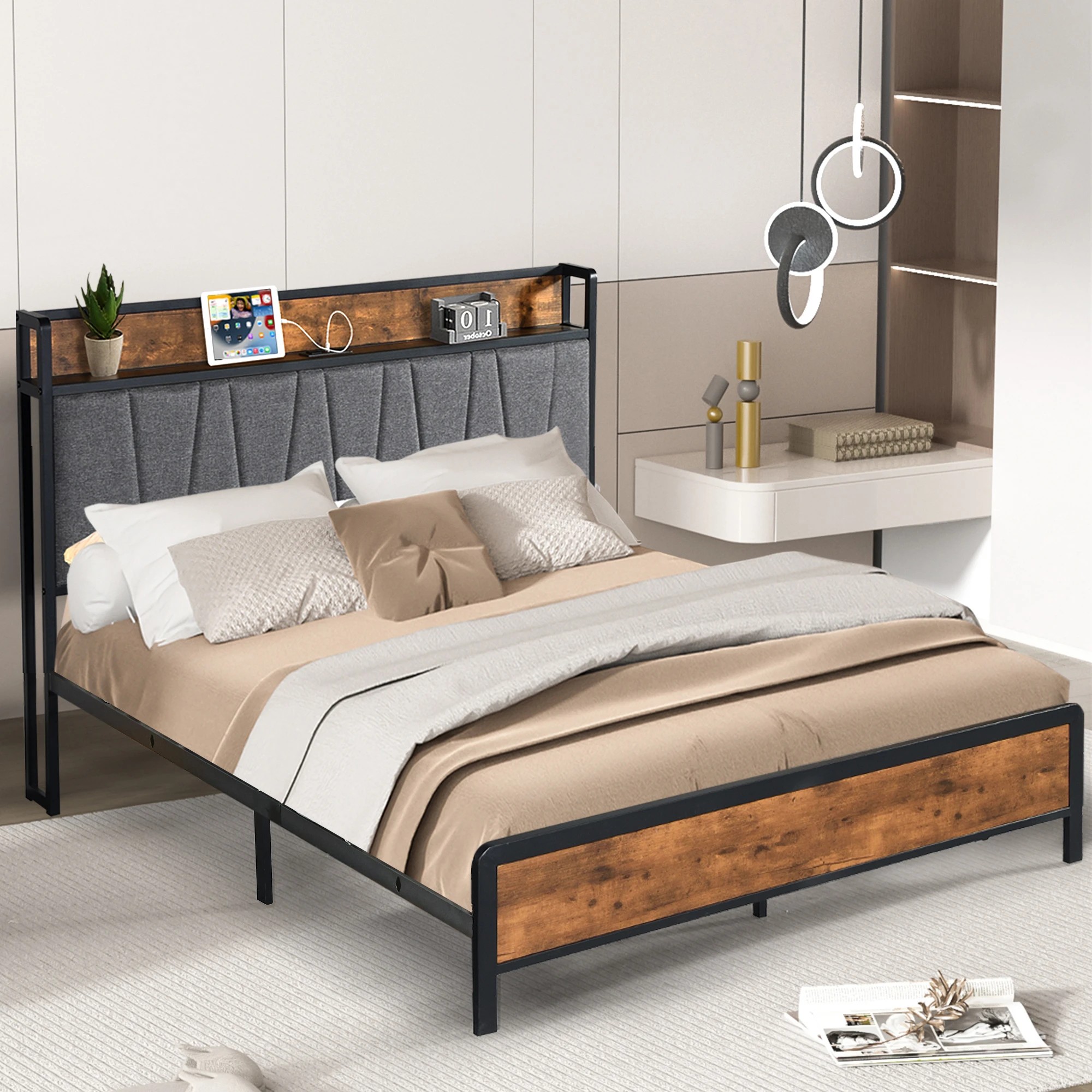 8 Levede Double Size Linen Fabric Bed Frame with Charging Station in Dark Grey, 8 of 8