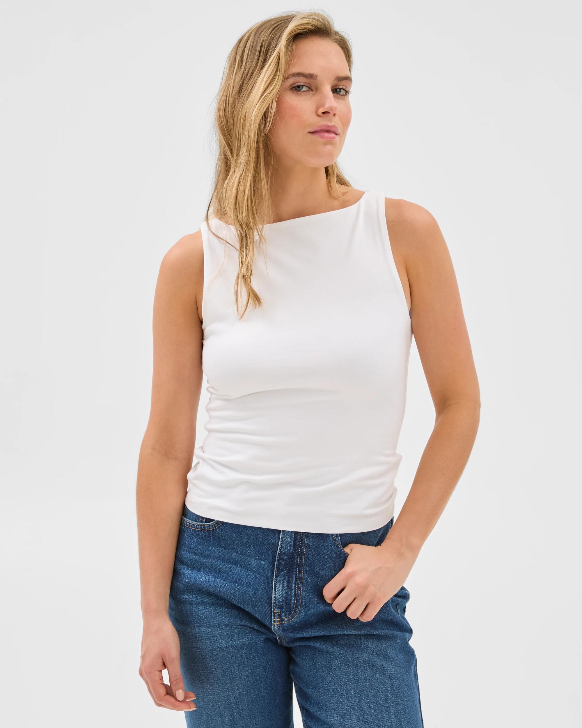 1 Australian Cotton Double Layer Boat Neck Tank Top - Lily Loves WHITE, 1 of 5