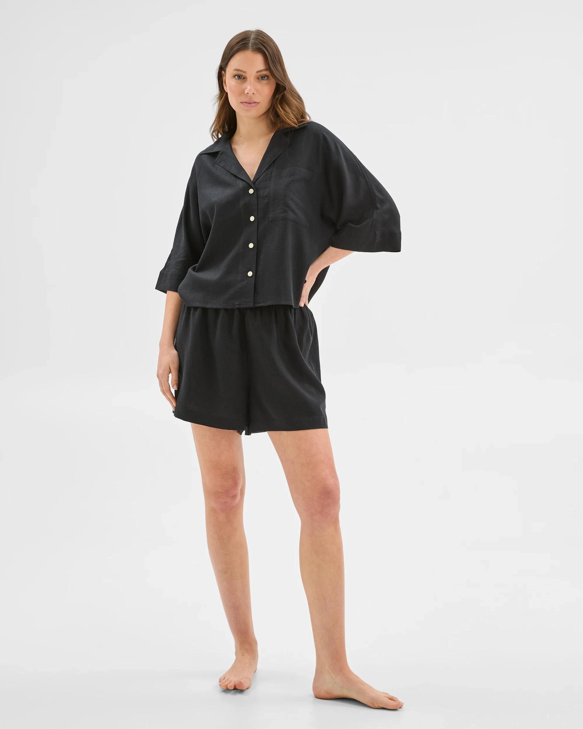 2 Target Womens Linen Blend Shorts and Shirt Pyjama Set BLACK, 2 of 6