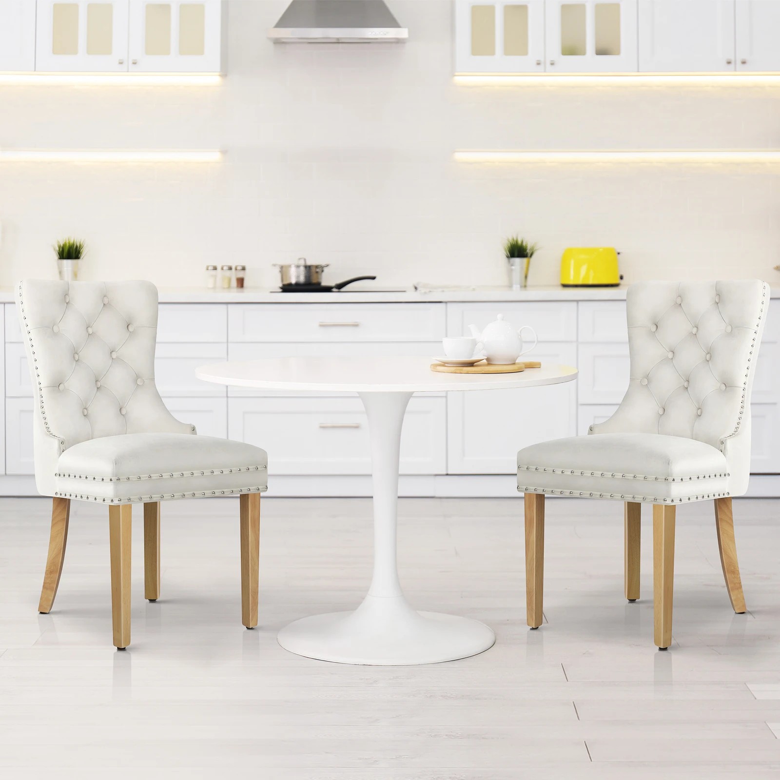 6 Alfordson 2x Dining Chair Kitchen Lounge Retro Button Tufted Wooden Velvet - Beige, 6 of 10