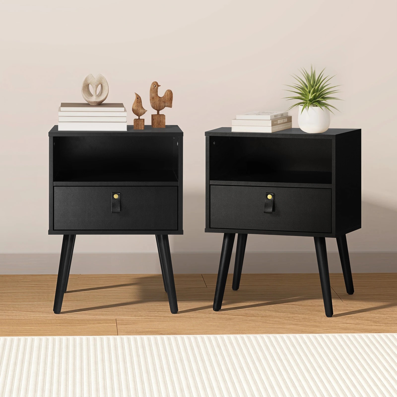 3 Oikiture 2 X Bedside Tables Side Table Leather Handle - Black, 3 of 9