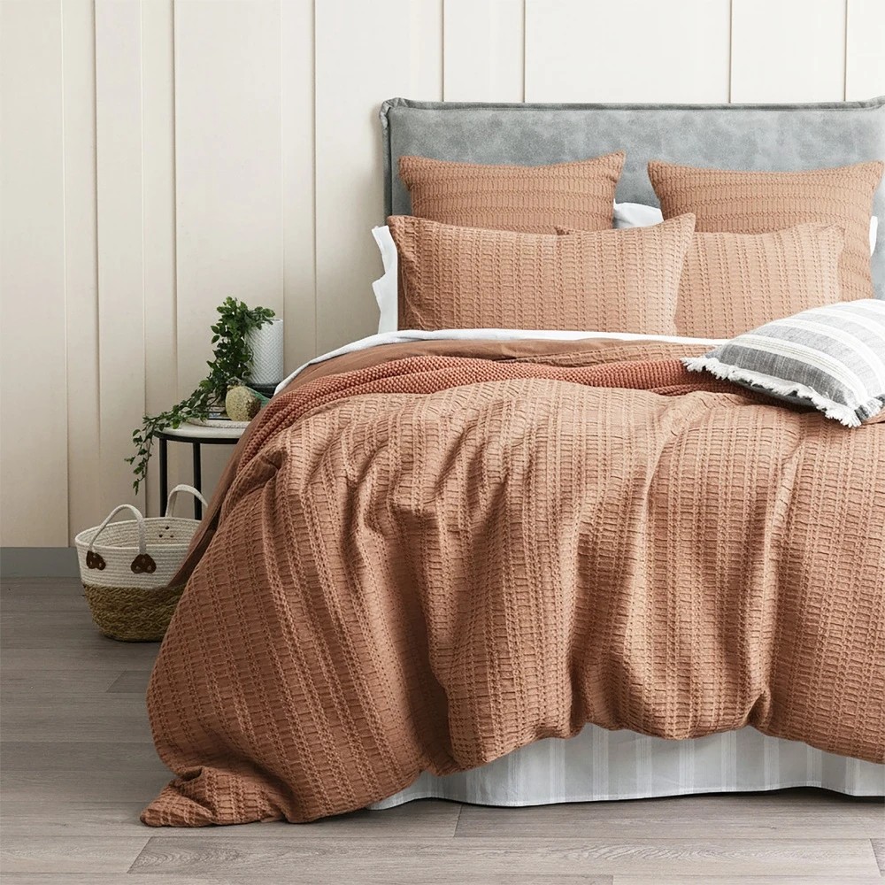 1 KG Linen Celeste Seersucker Cotton Waffle Quilt Cover Set Premium - King Bed - Brown, 1 of 3