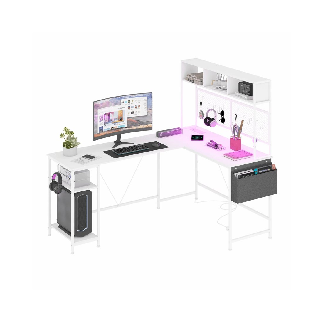 1 Advwin 170cm L Shaped Gaming Desk With Led Lights & Power Outlets Reversible Storage Shelf Computer Corner Desk White, 1 of 10