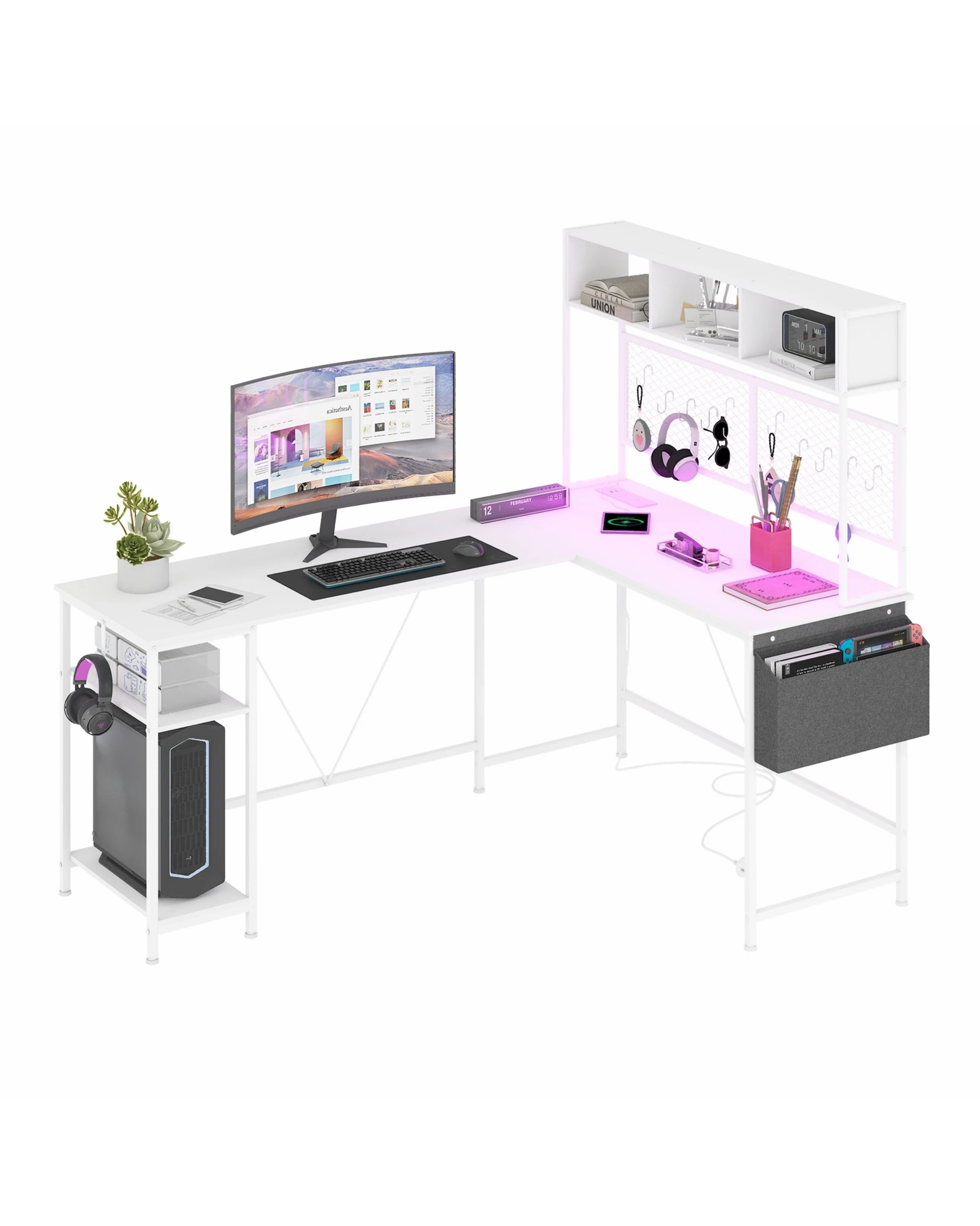 1 Advwin 170cm L Shaped Gaming Desk With Led Lights & Power Outlets Reversible Storage Shelf Computer Corner Desk White, 1 of 9