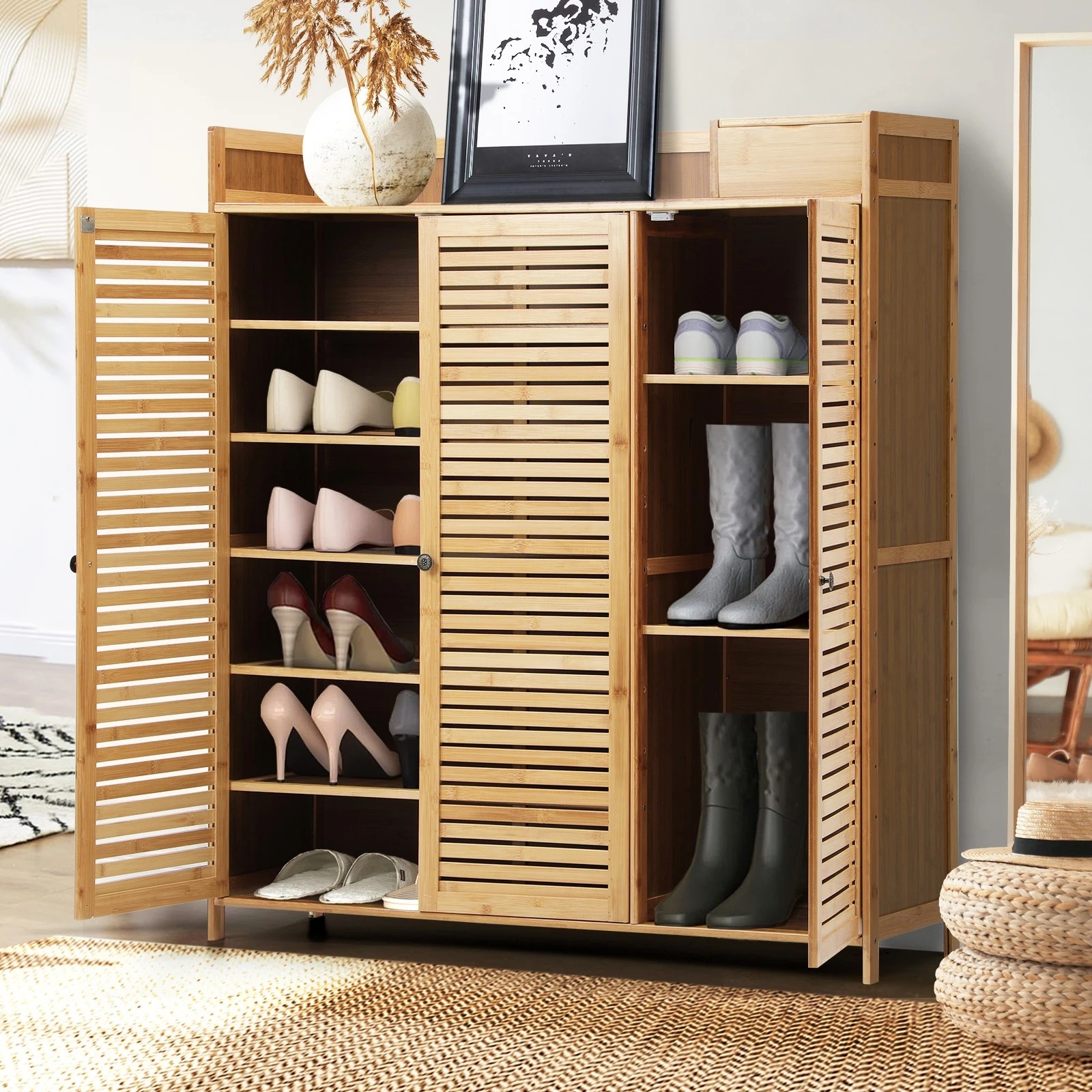 2 Oikiture Shoe Storage Cabinet Shoes Rack Organiser Shelf 3 Doors Adjustable
 - Natural, 2 of 9
