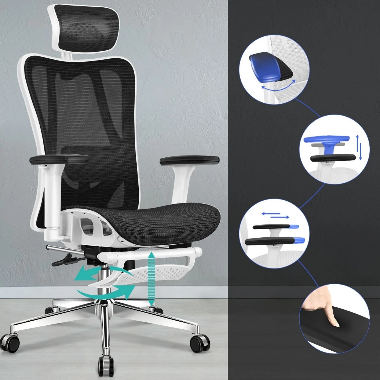 6 Alfordson Ergonomic Office Chair Mesh Executive Seat Work Computer Gaming - White Black, 6 of 10