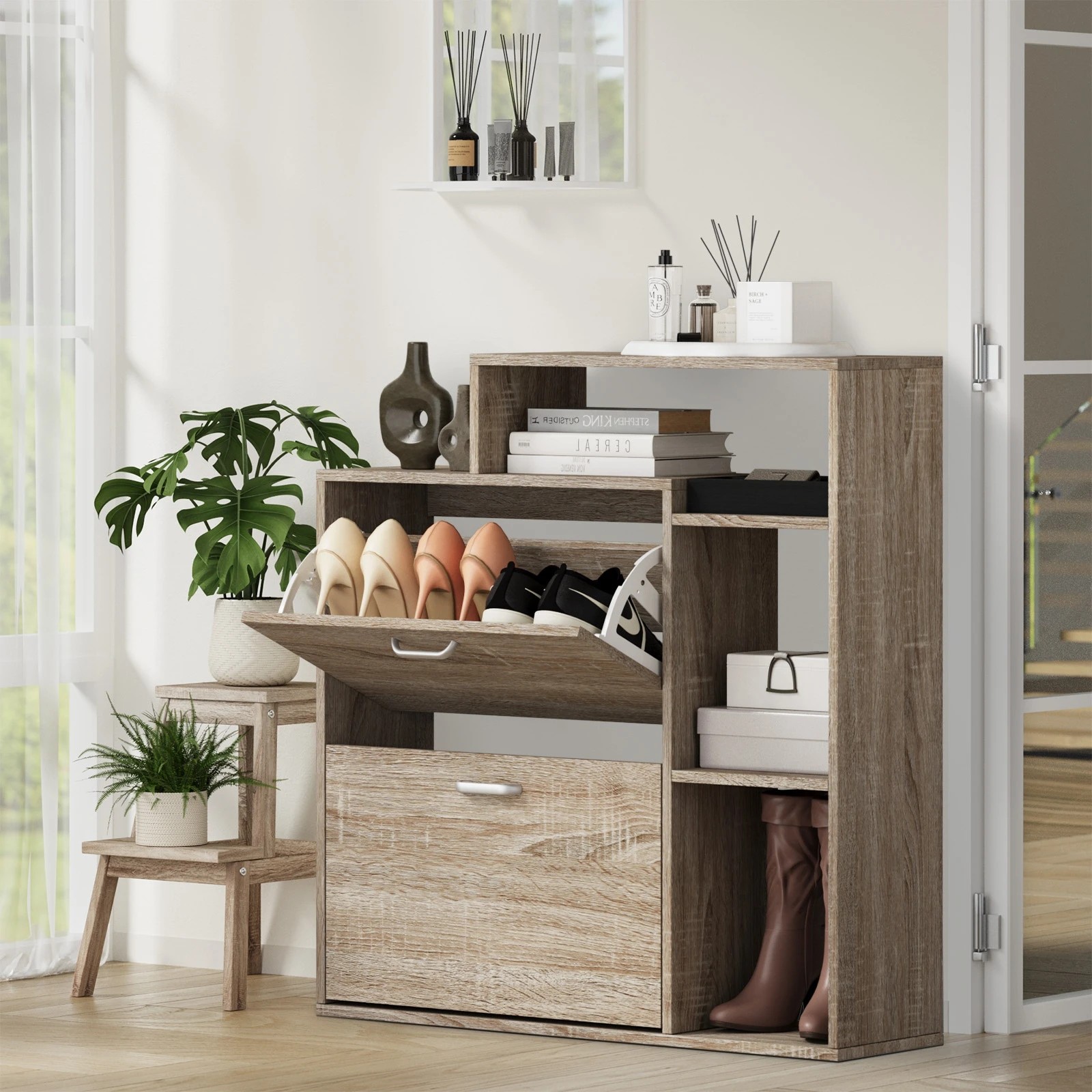 2 Oikiture Shoe Cabinet Storage 2 Doors Shoes Rack Display with Shelves - Natural, 2 of 8