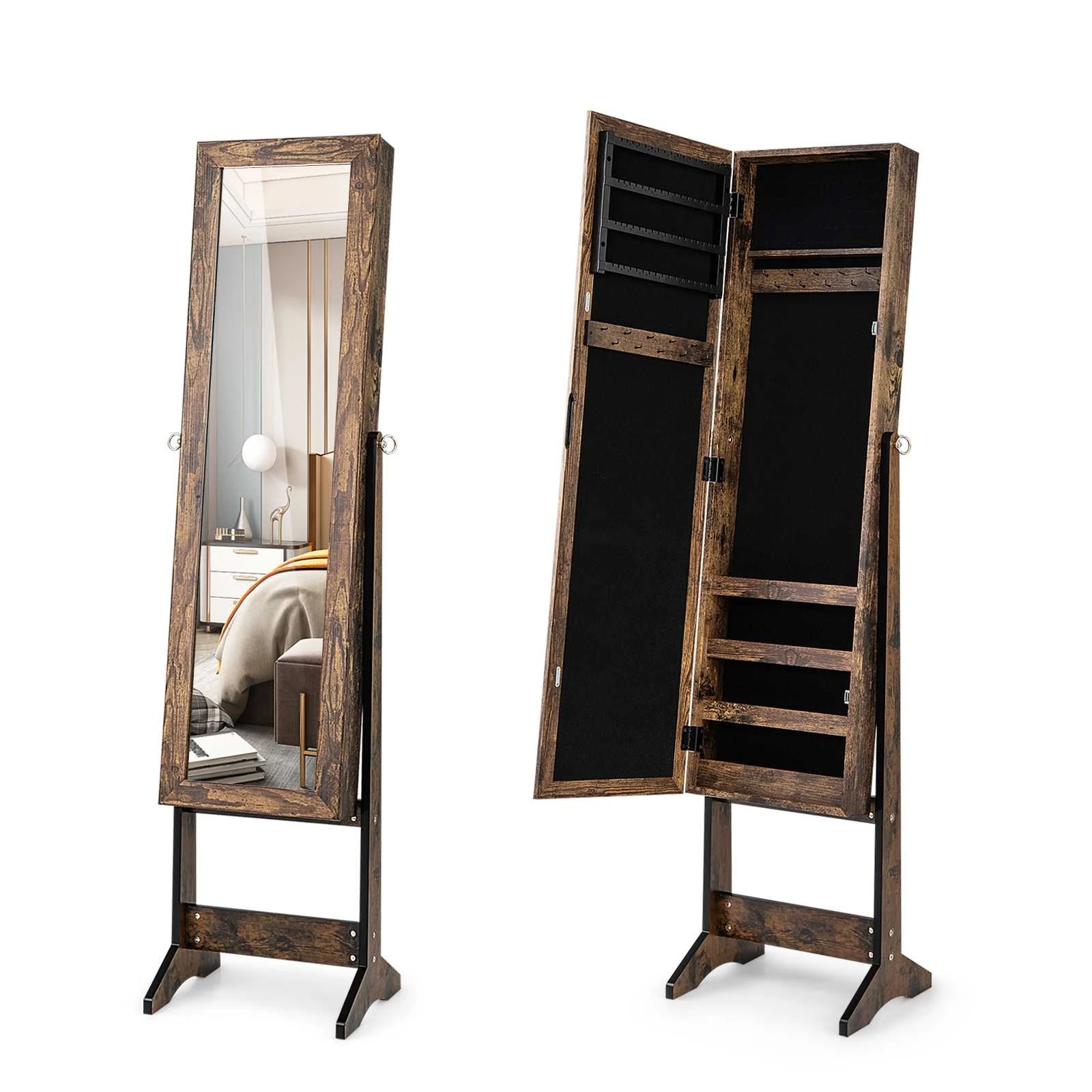 1 Costway Mirrored Jewellery Cabinet Armoire Jewelry Organizer w/3 Adjustable Tilt Angles - Brown, 1 of 5
