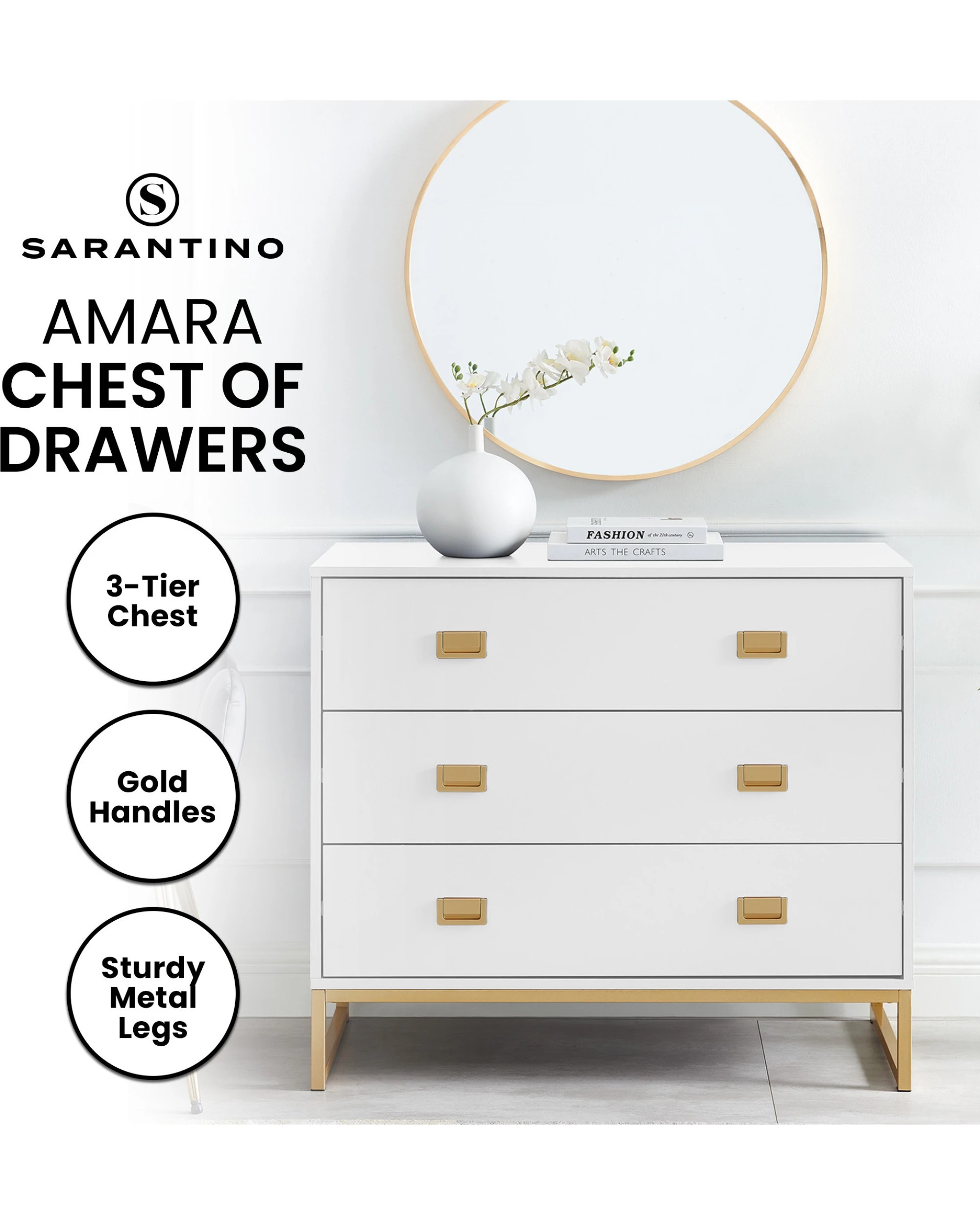 2 Sarantino Amara Chest Of Drawers Tallboy Dresser In White Gold, 2 of 8