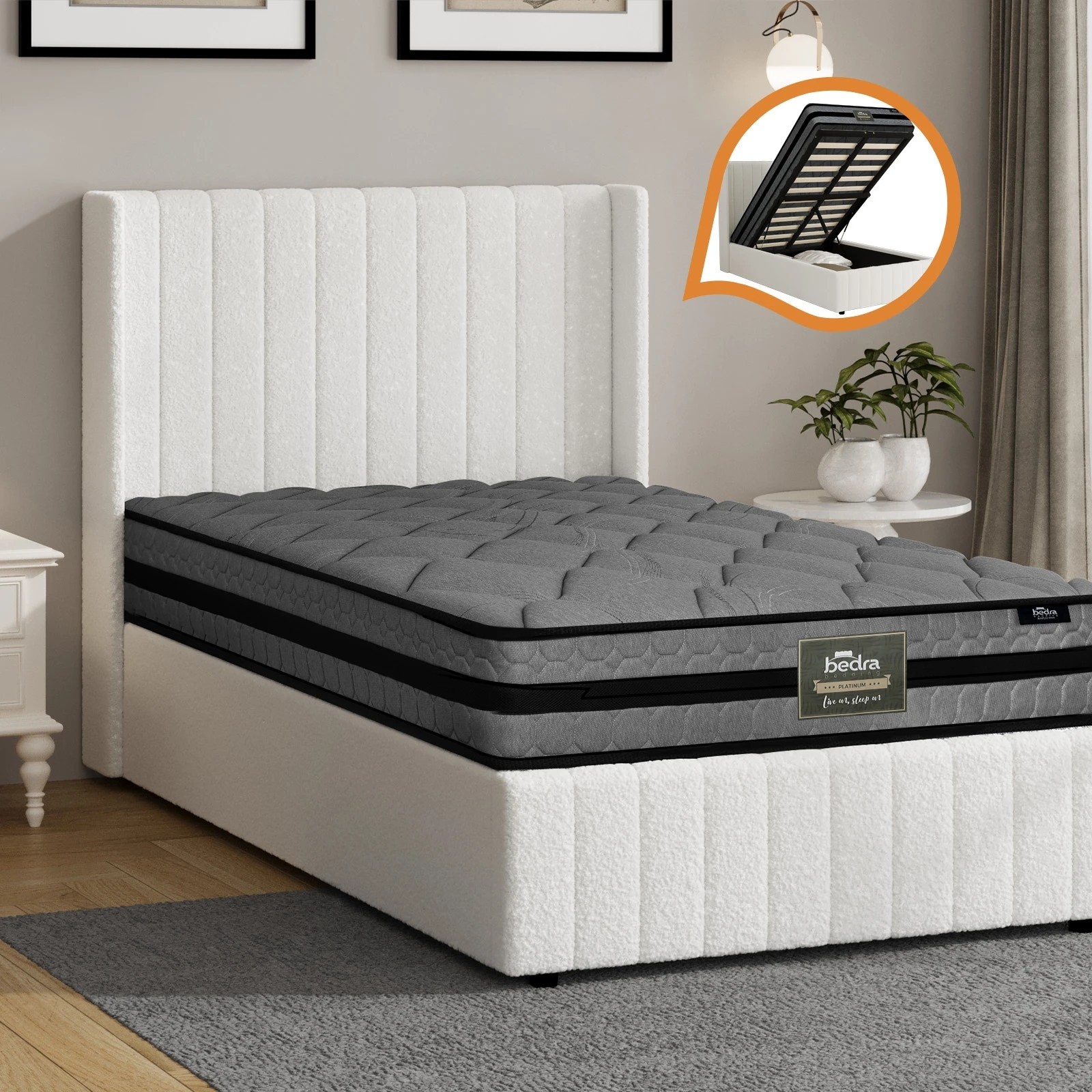3 Oikiture Bed Frame King Single Gas Lift Storage Boucle Beds W/ Mattress Set BILY - White, 3 of 8