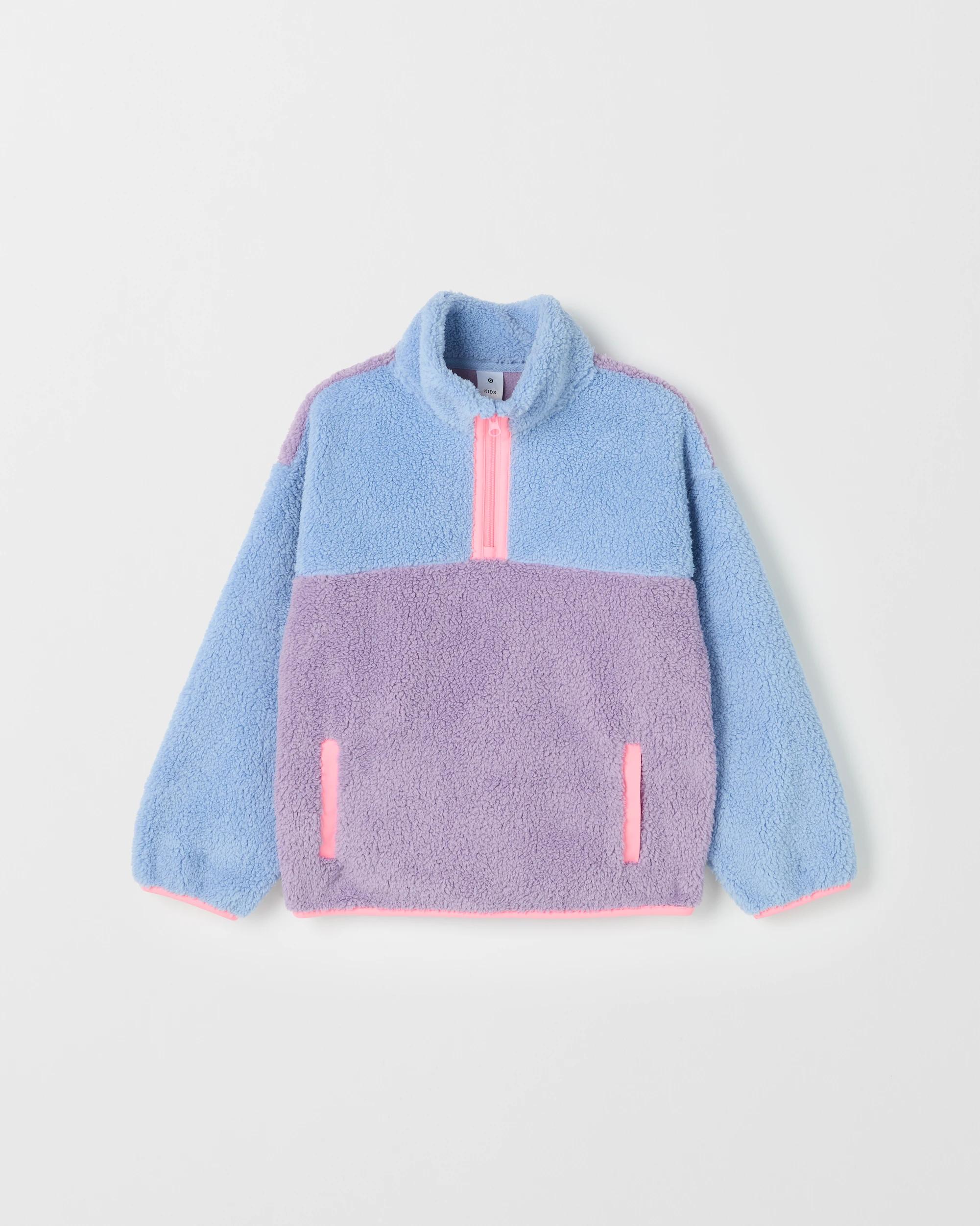 1 Target Kids Quarter Zip Colour Block Teddy Fleece Jumper BLUE, 1 of 1
