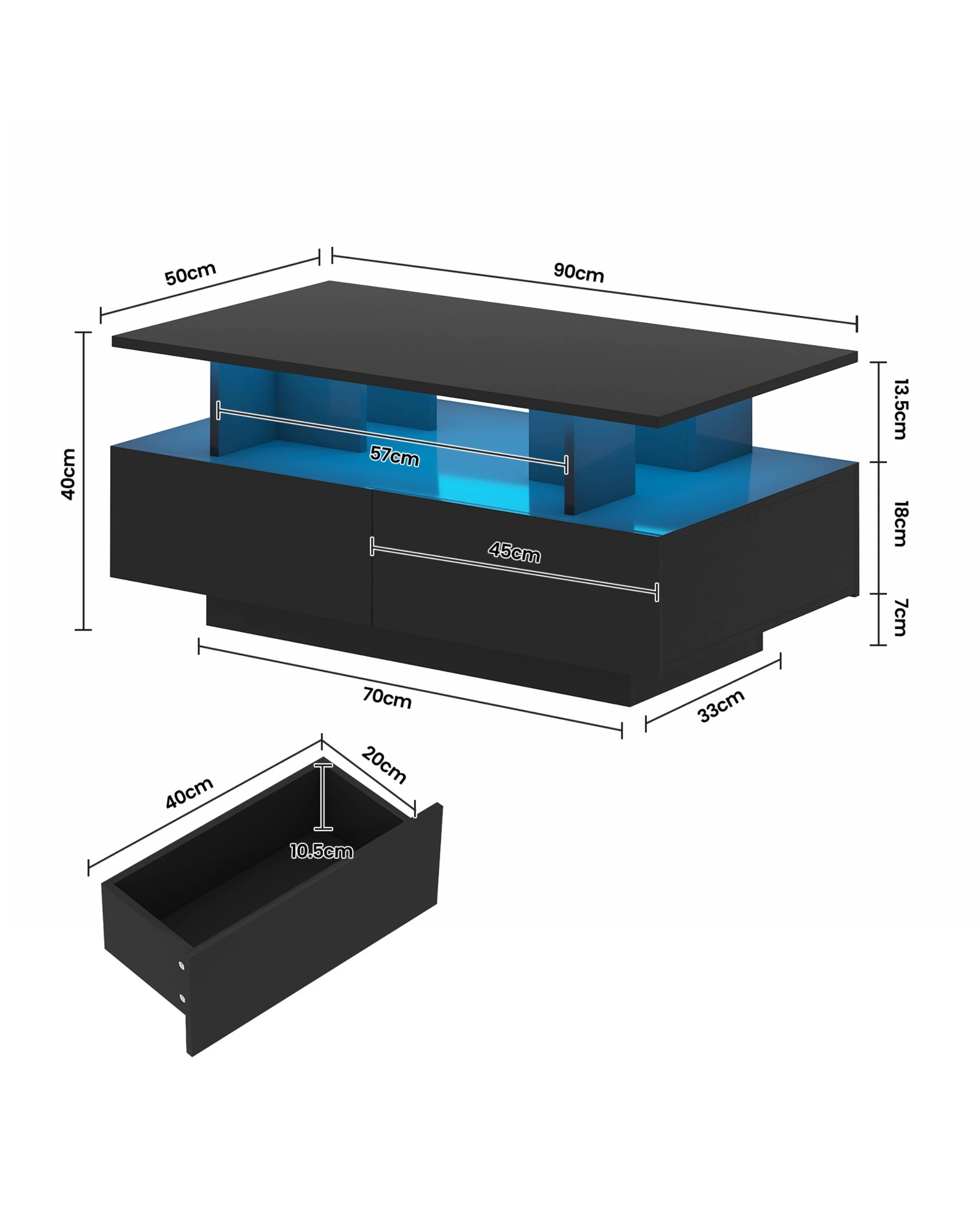 2 Advwin LED Coffee Table w/ 4 Storage Drawers High Gloss Central Table w/ Open Display Shelf, 2 of 9