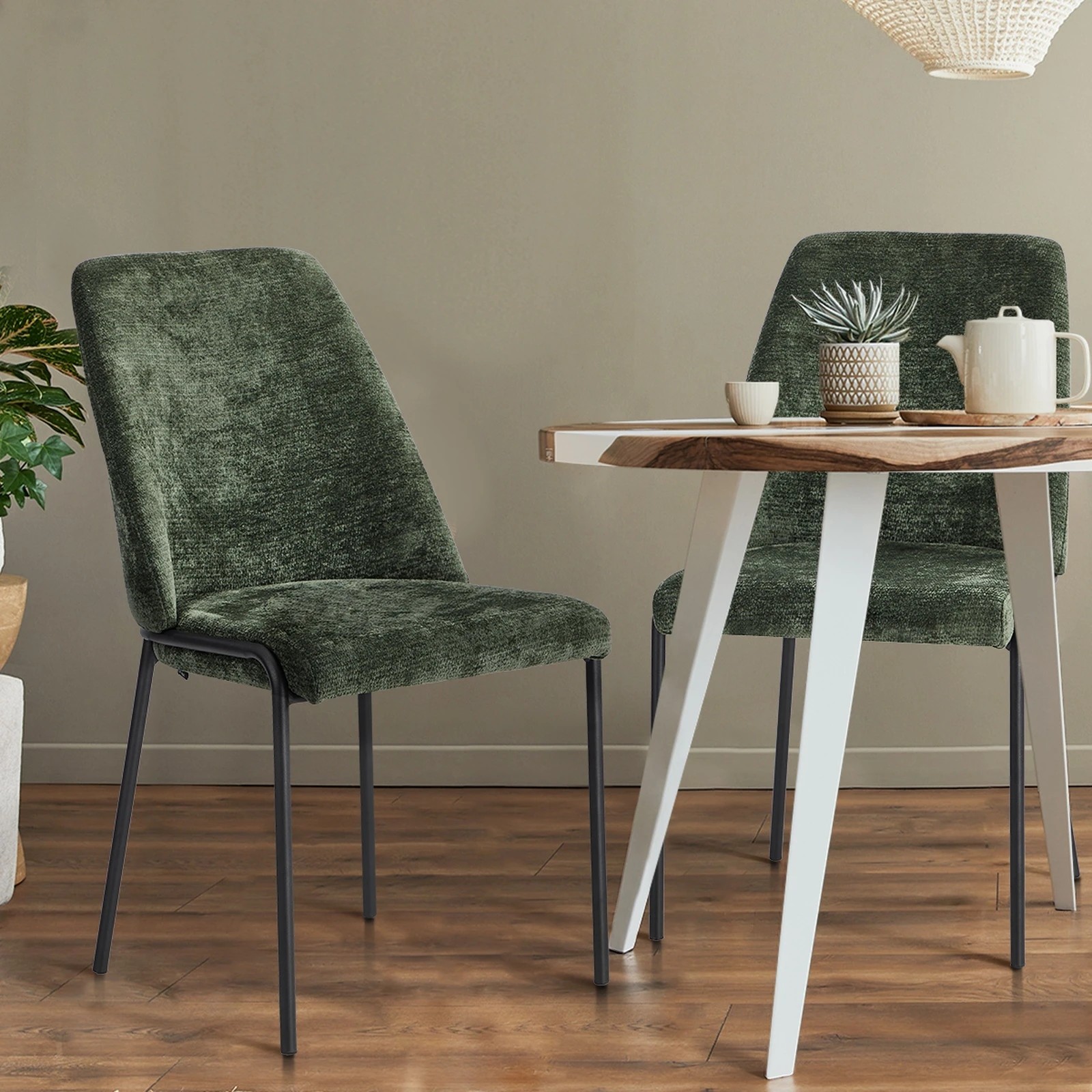 4 Oikiture Set of 4 Dining Chairs Chenille Fabric Kitchen Chair Padded Seat - Green, 4 of 9