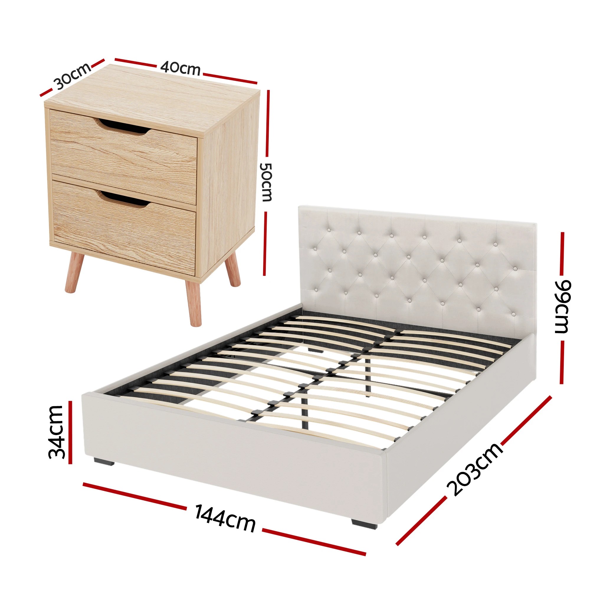2 Artiss Double Bed Frame with Storage and Bedside Table Set Tufted Gas Lift Bed Base and 2-Drawer Nightstand - Multi, 2 of 8