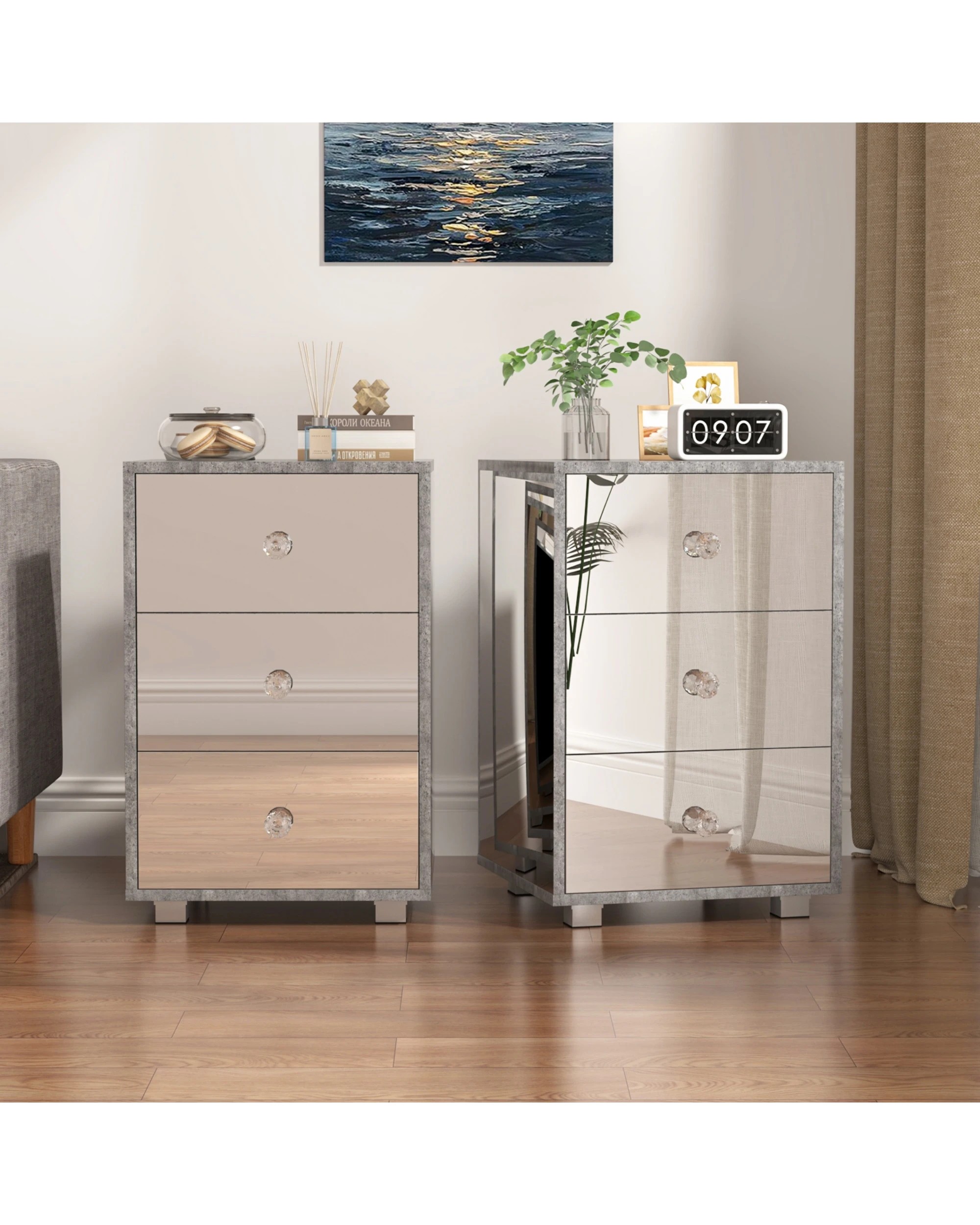 2 Advwin 3 Drawers Bedside Table Set of 2 Mirrored Nightstand, 2 of 3