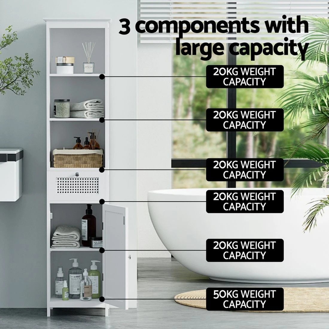 6 Artiss Bathroom Cabinet Storage 161cm  Rattan - White, 6 of 8