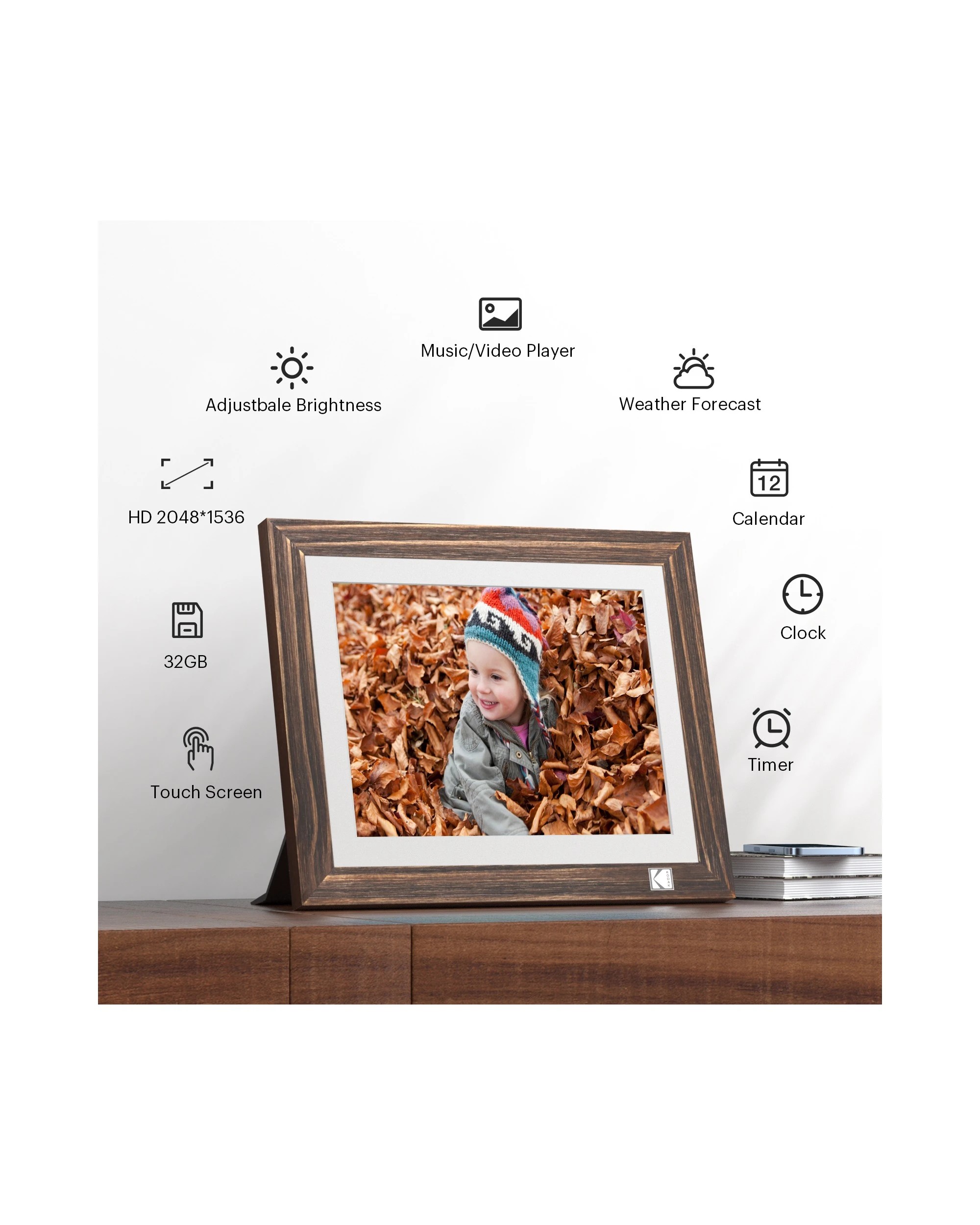 2 Kodak HDPF-978 9.7 Inch 2K Wi-Fi Photo Frame 32GB Rustic Wood, 2 of 4