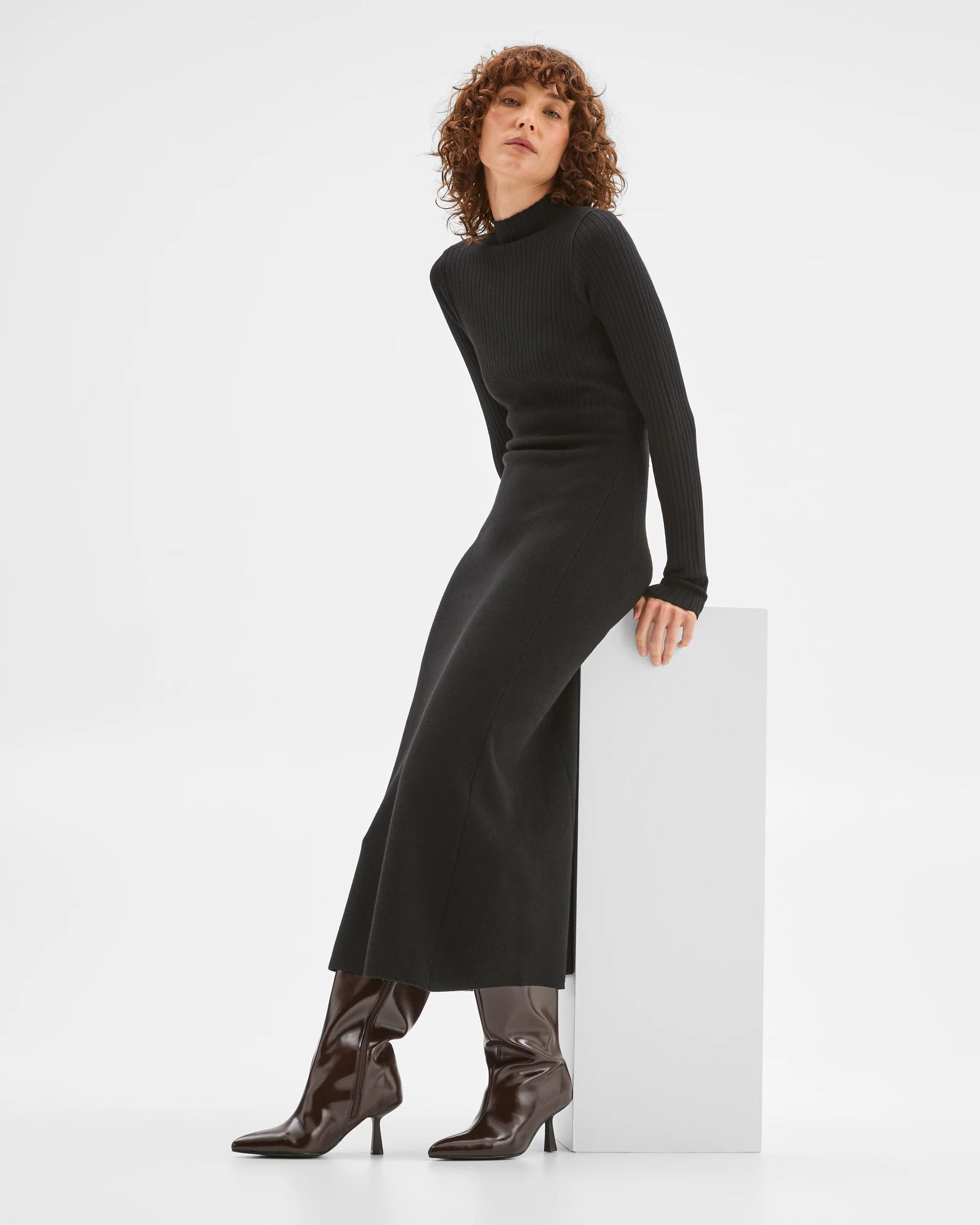 4 Preview Long Sleeve Rib Detail Knit Dress BLACK, 4 of 6
