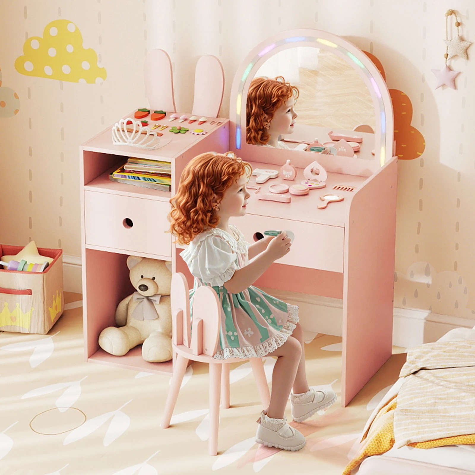 2 Costway Vanity Set w/Lighted Mirror Shelf & Drawers Princess Makeup Table & Chair Set - Pink, 2 of 3