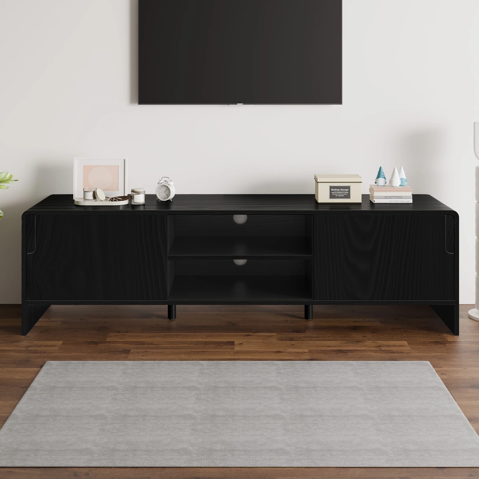 5 Alfordson Entertainment Unit TV Cabinet Stand 150cm Storage Sliding Doors Shelf - Black, 5 of 10