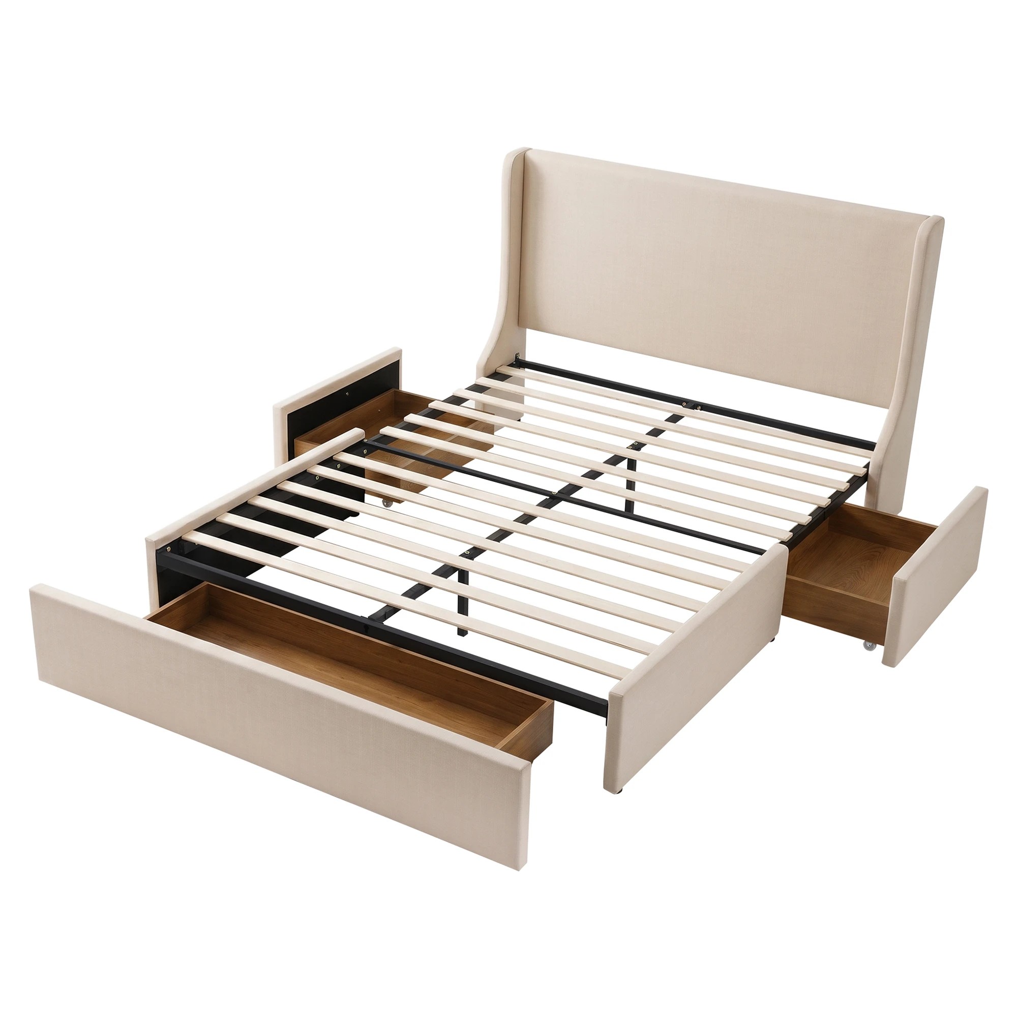 1 Artiss King Upholstered Bed Frame with 3 Storage Drawers Wingback Headboard - Beige, 1 of 9