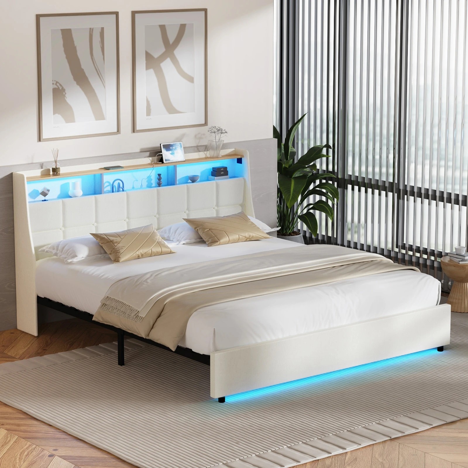3 Oikiture King Size Bed Frame with LED Storage Headboard USB Charging - Beige, 3 of 6
