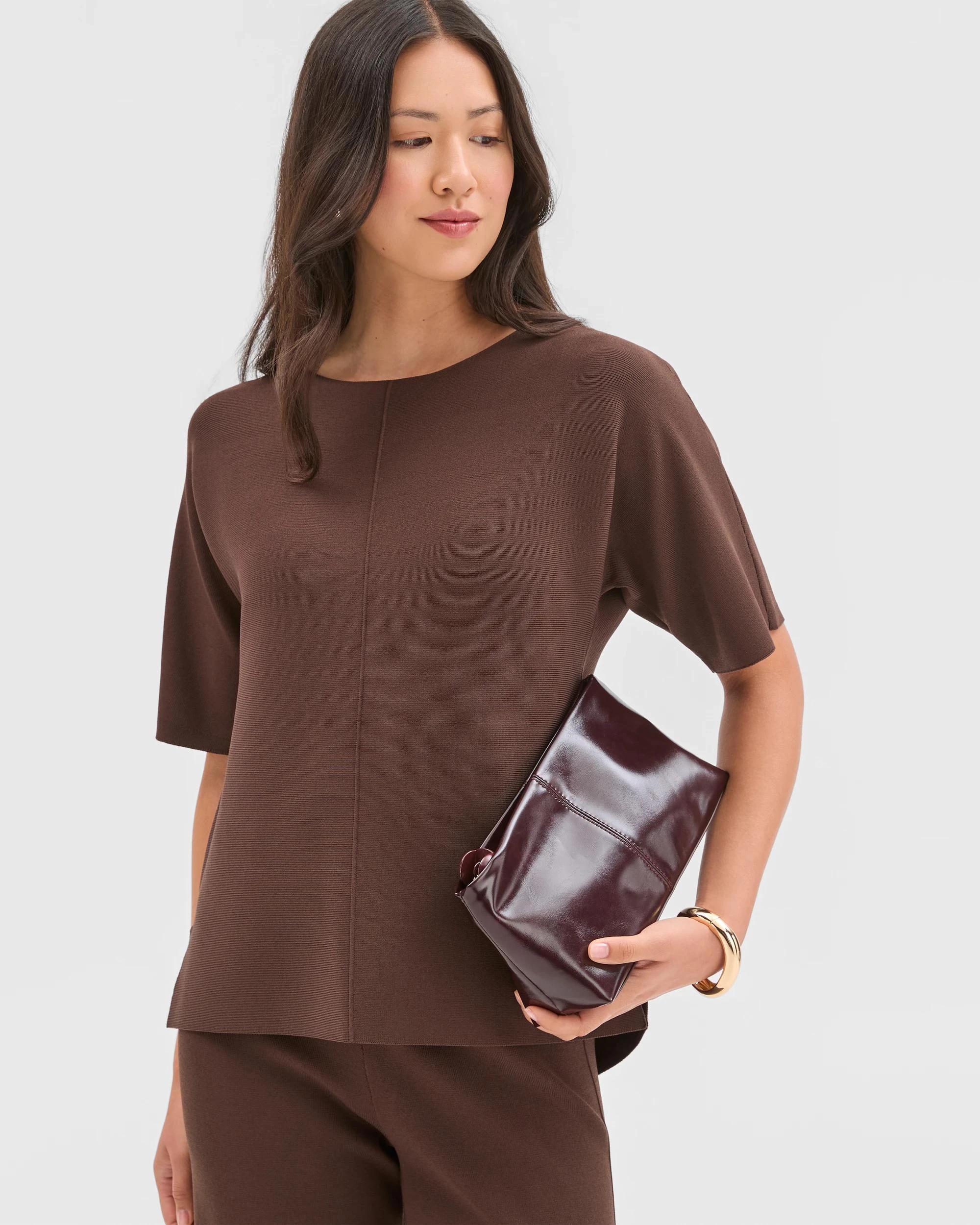 3 Preview Short Sleeve Crepe Knit T-Shirt GANACHE, 3 of 6